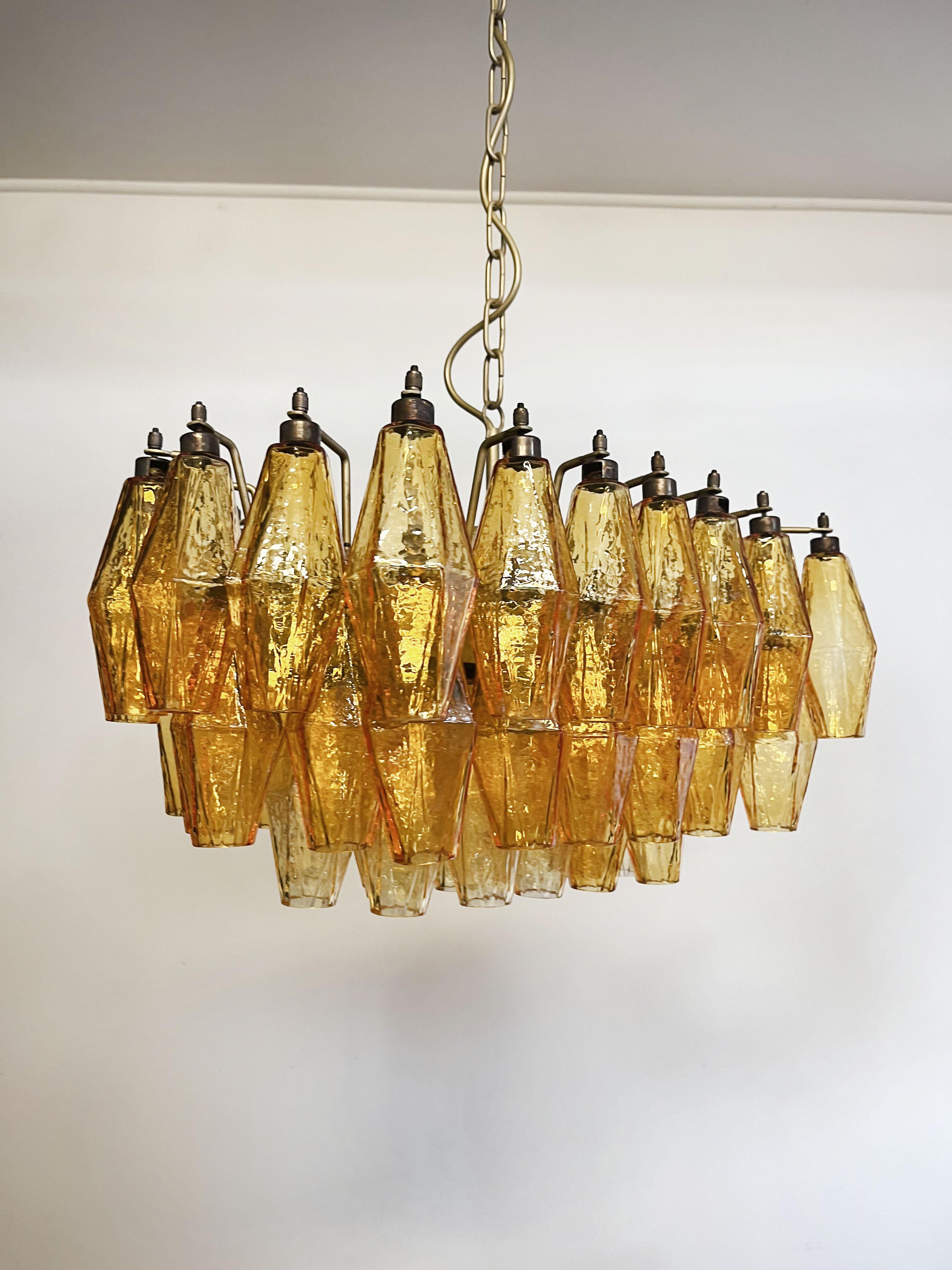 Galvanized Elegant Murano Poliedri Chandelier, Carlo Scarpa, Amber Glasses For Sale