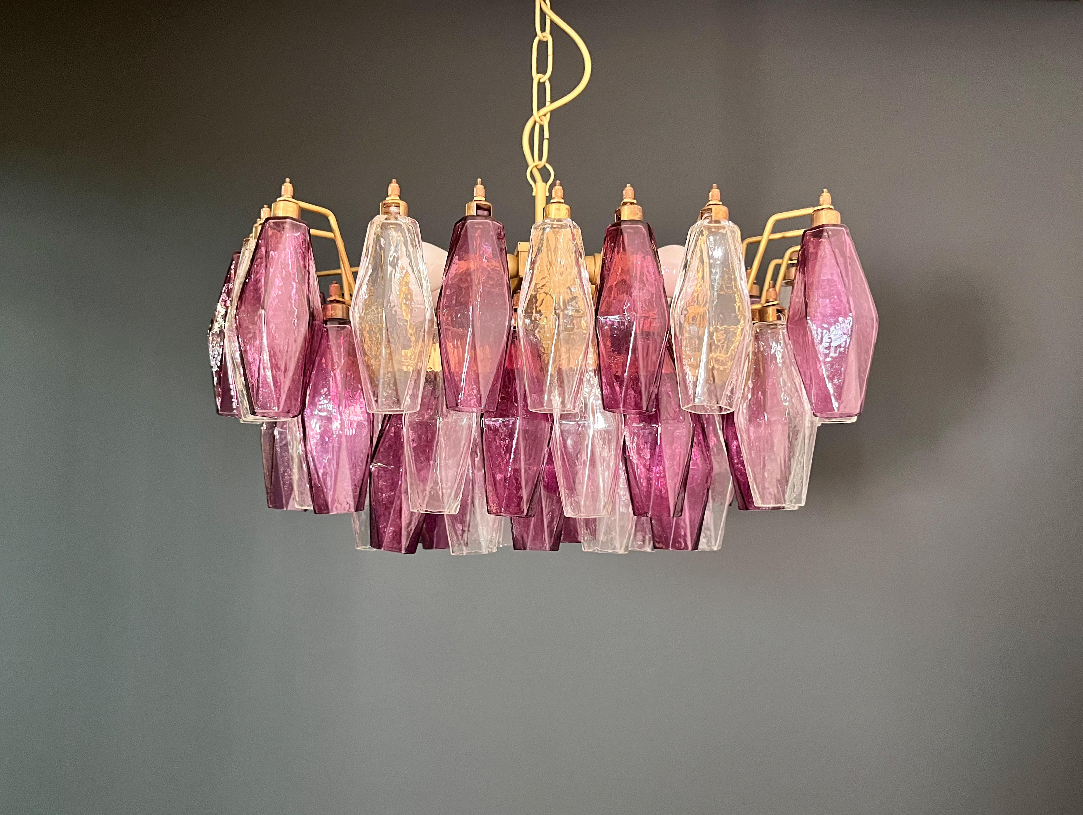 Elegant Murano Poliedri Chandelier - Carlo Scarpa - clear and amethyst glasses in vendita 2