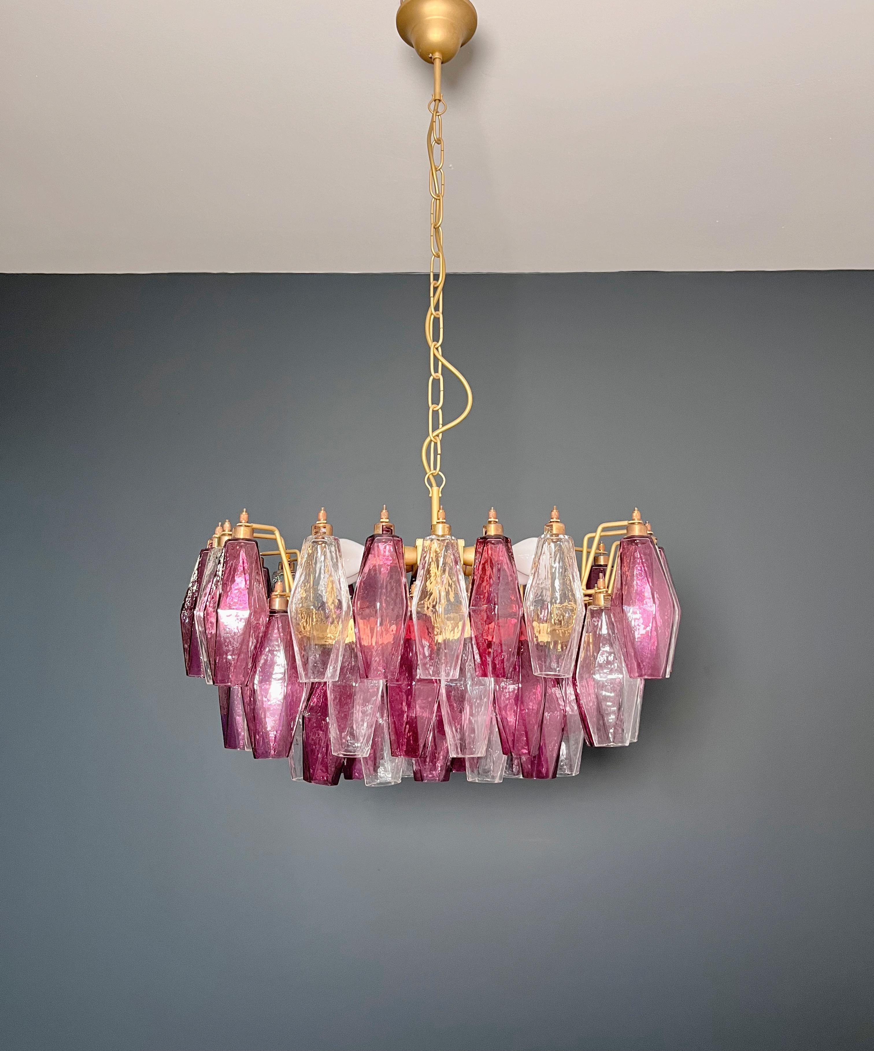 Elegant Murano Poliedri Chandelier - Carlo Scarpa - clear and amethyst glasses in vendita 3