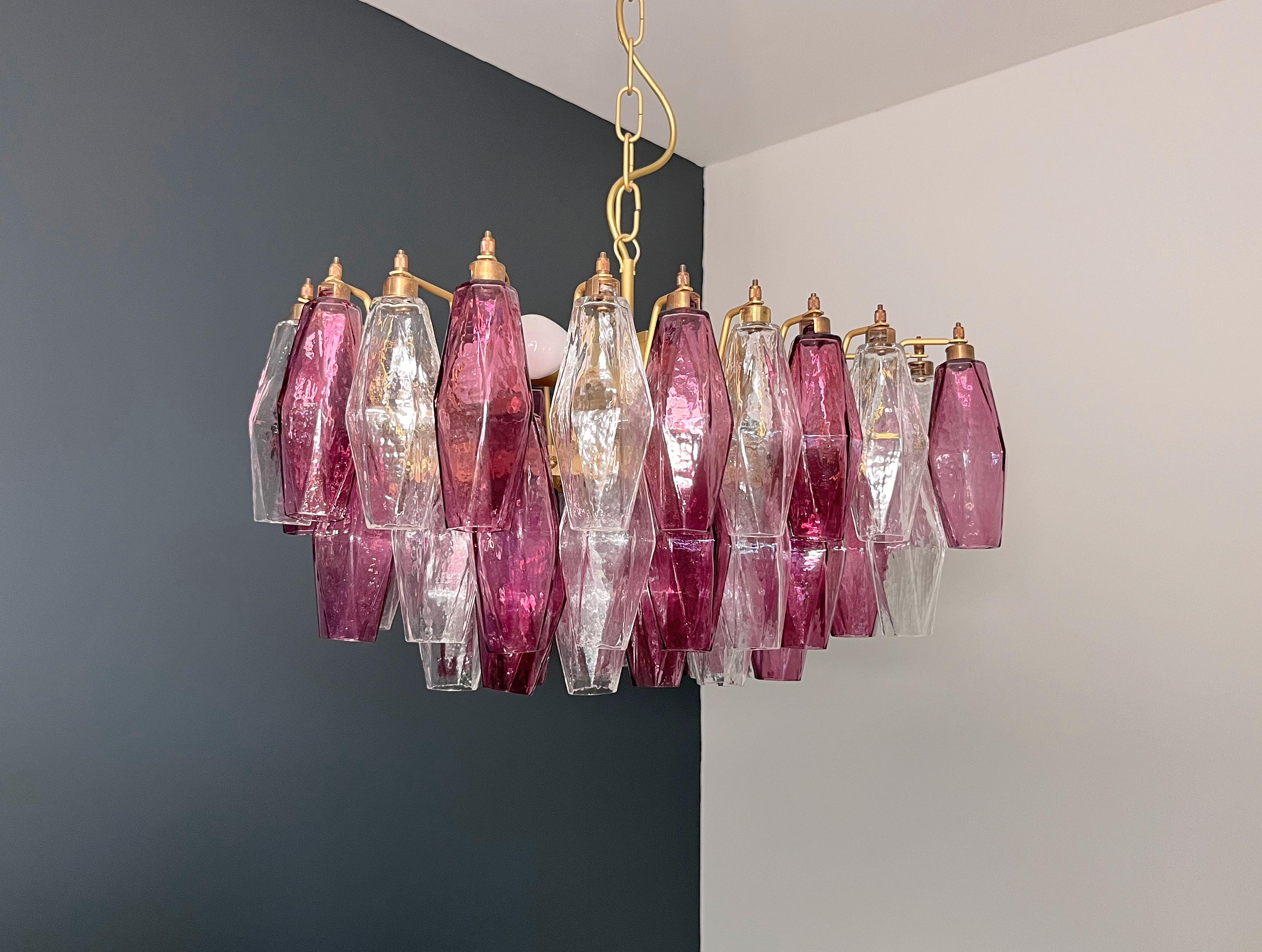 Elegant Murano Poliedri Chandelier - Carlo Scarpa - clear and amethyst glasses in vendita 4