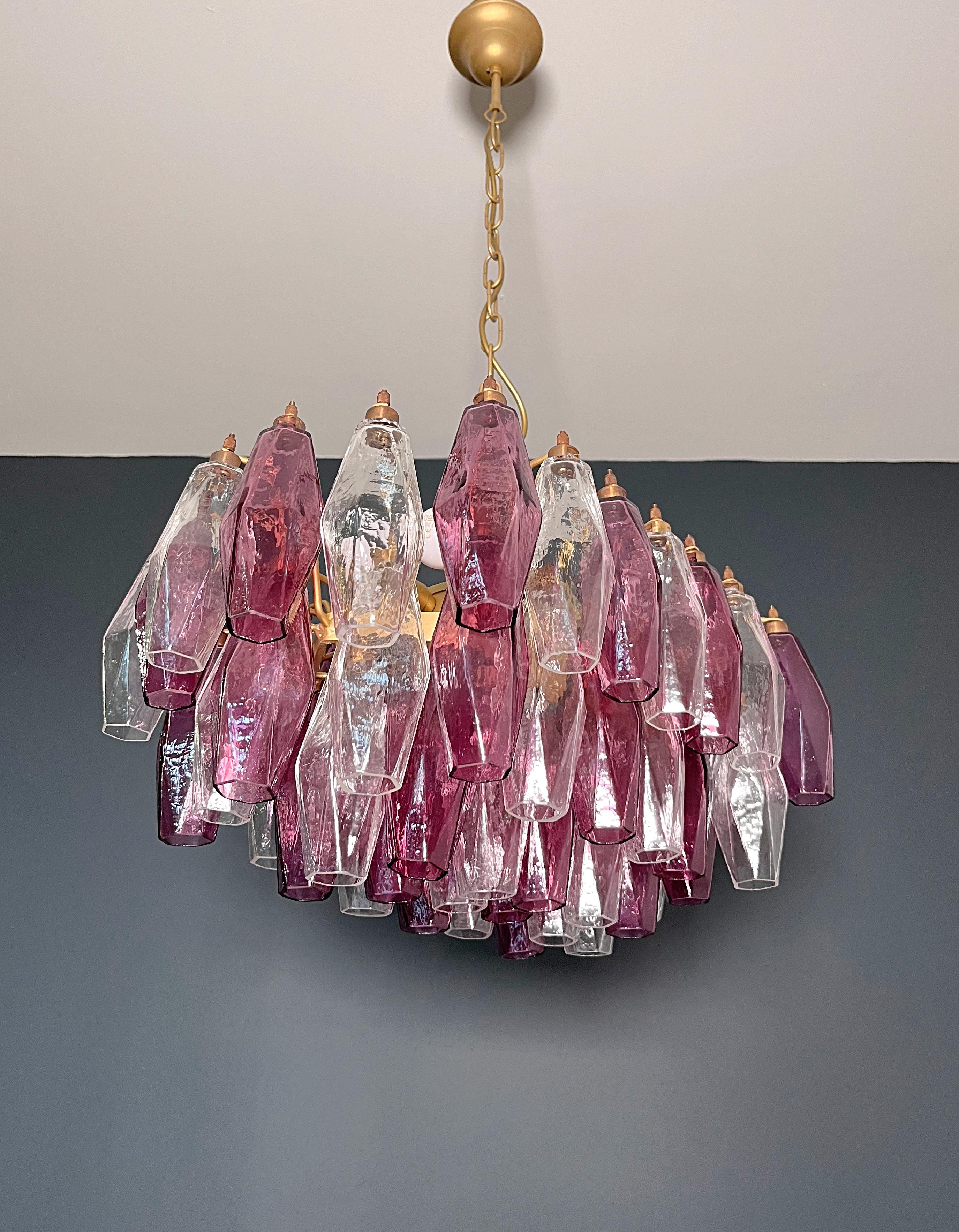 20th Century Elegant Murano Poliedri Chandelier - Carlo Scarpa - clear and amethyst glasses in vendita
