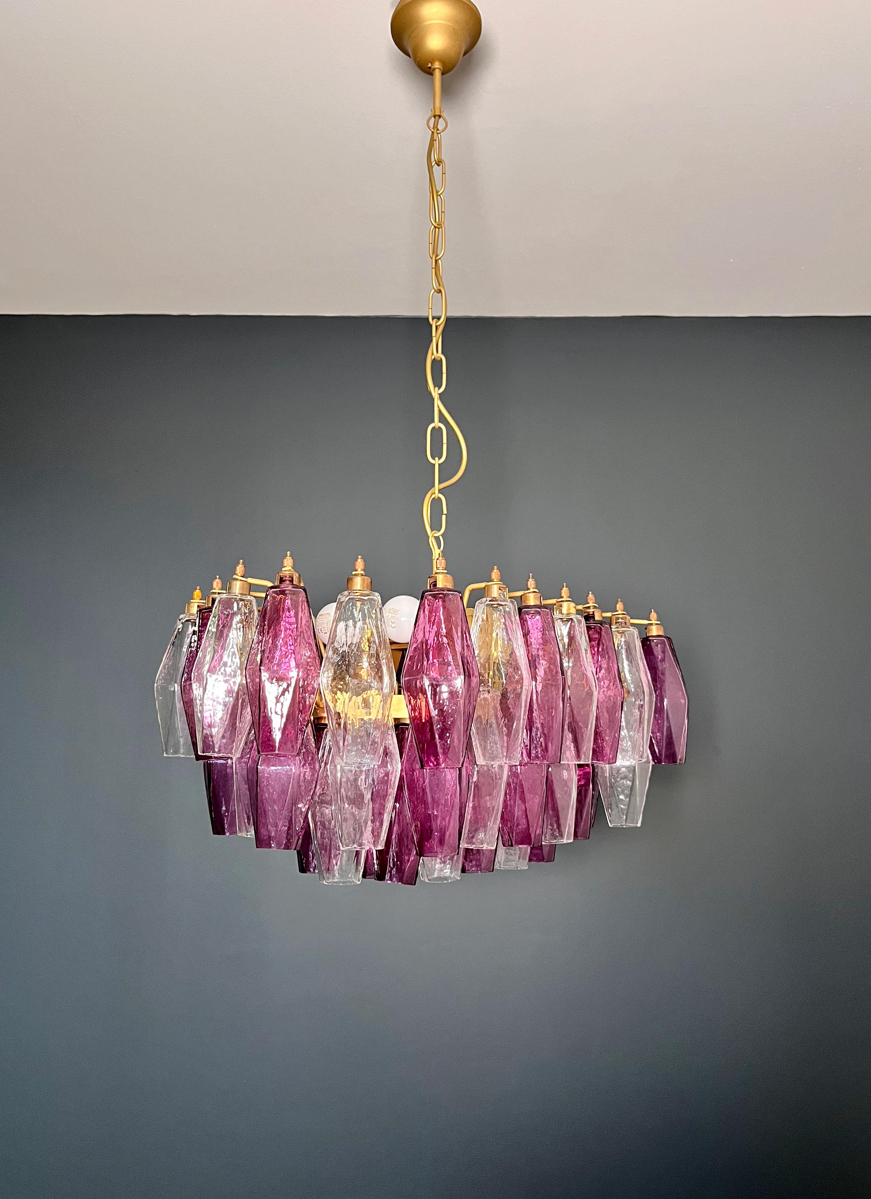 Elegant Murano Poliedri Chandelier - Carlo Scarpa - clear and amethyst glasses in vendita 1