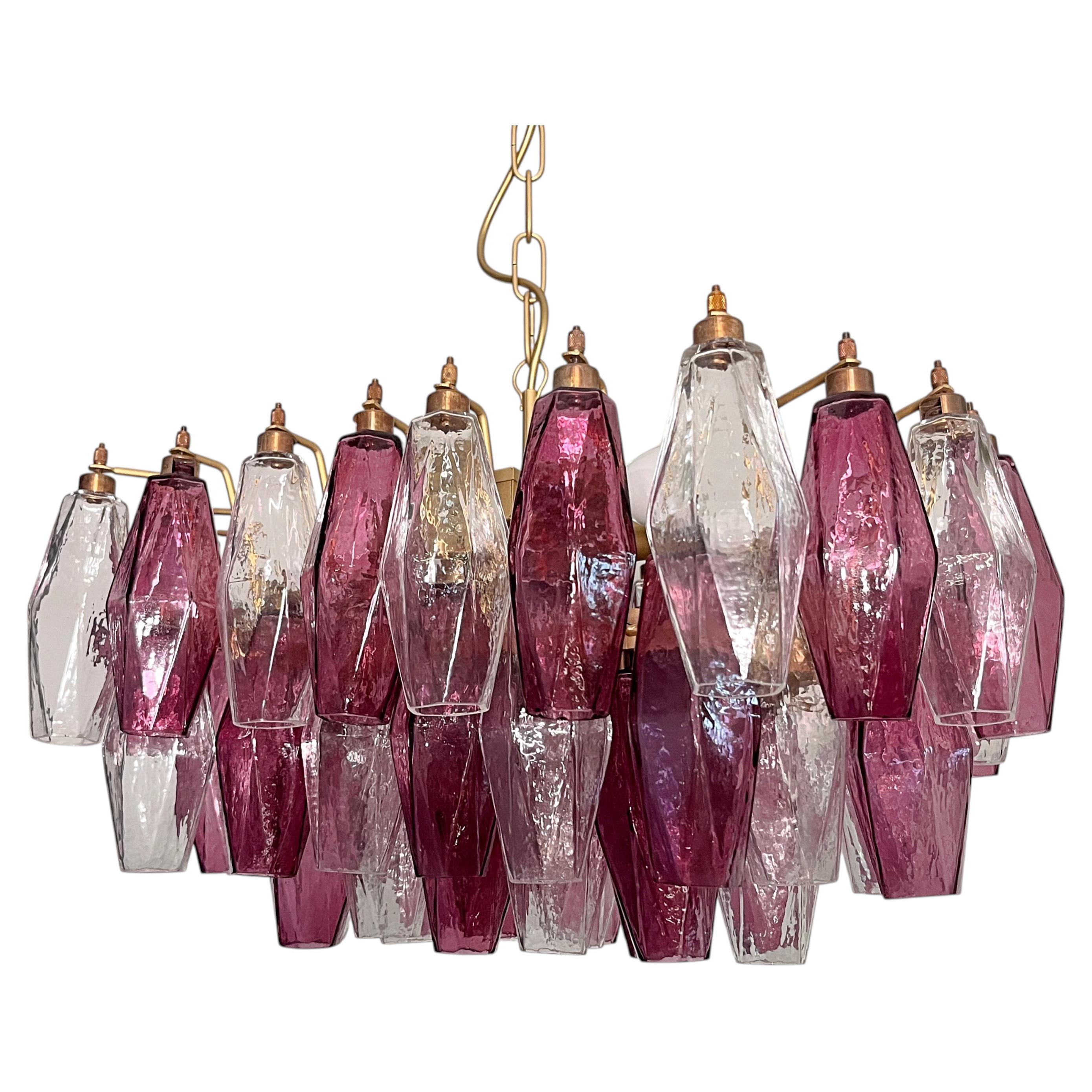 Elegant Murano Poliedri Chandelier - Carlo Scarpa - clear and amethyst glasses For Sale