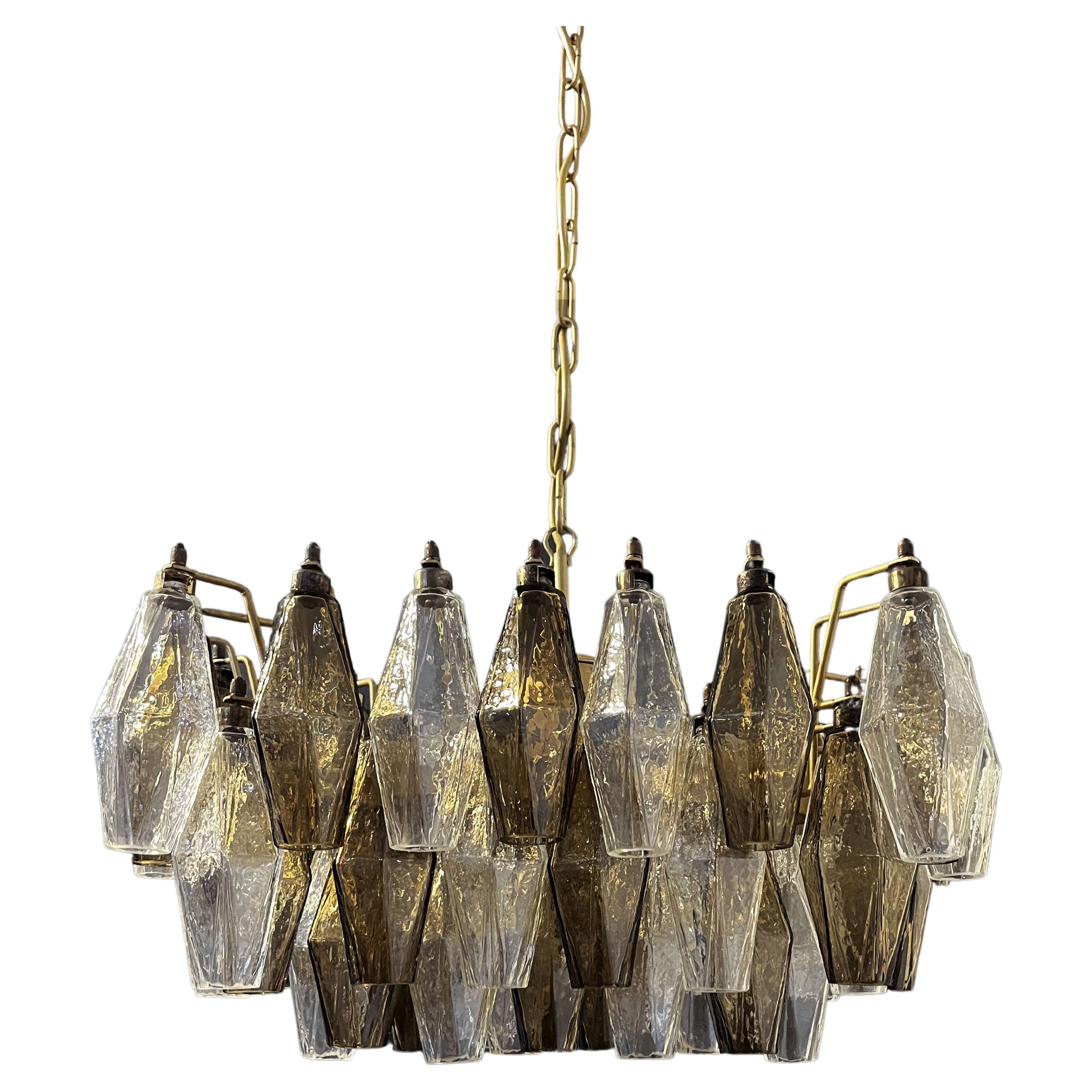 Elegant Murano Poliedri Chandelier, Carlo Scarpa, Clear and Smoked Glasses For Sale