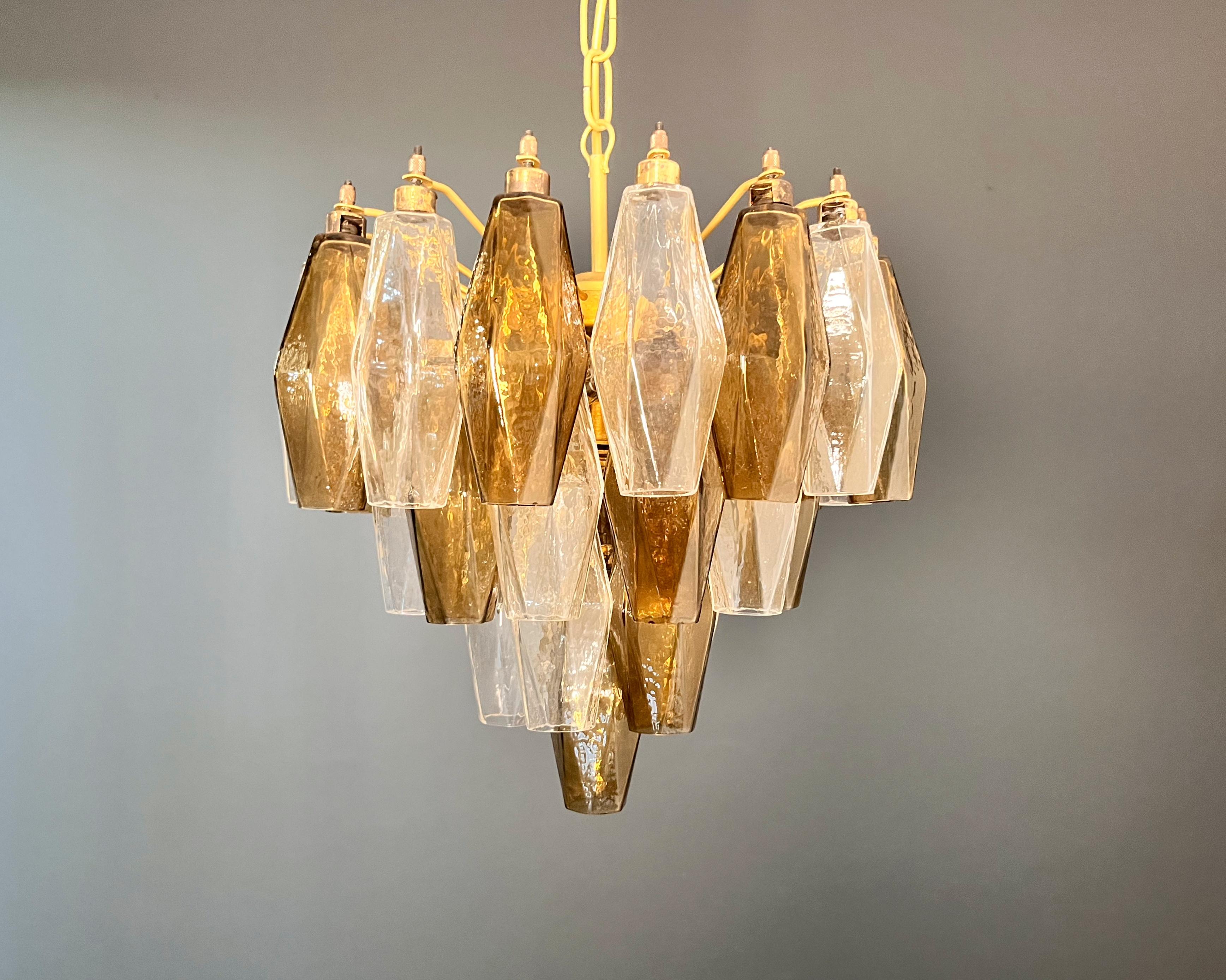 Italian Elegant Murano Poliedri Chandelier-Carlo Scarpa design-clear and smoked glasses For Sale