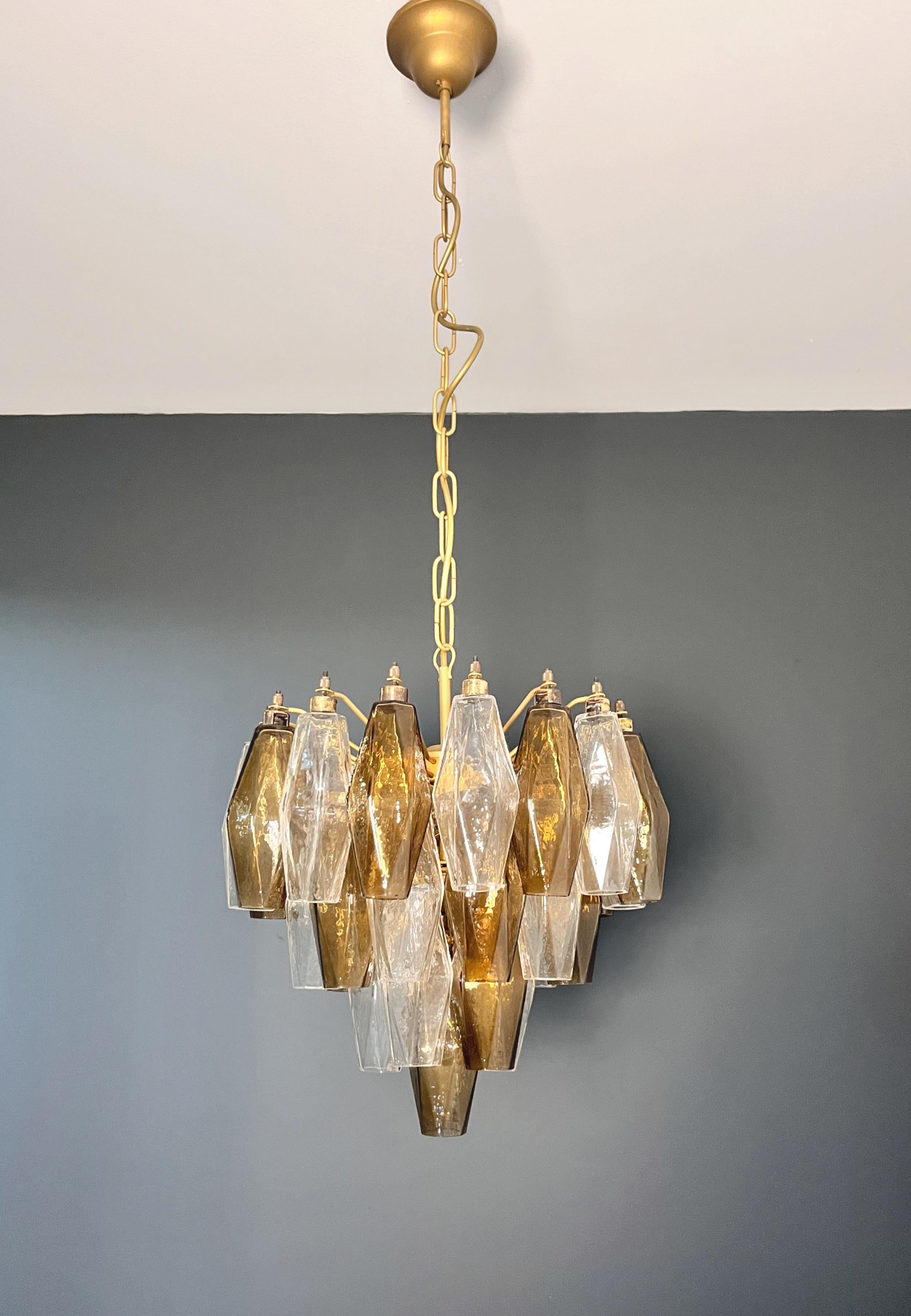 Galvanized Elegant Murano Poliedri Chandelier-Carlo Scarpa design-clear and smoked glasses For Sale