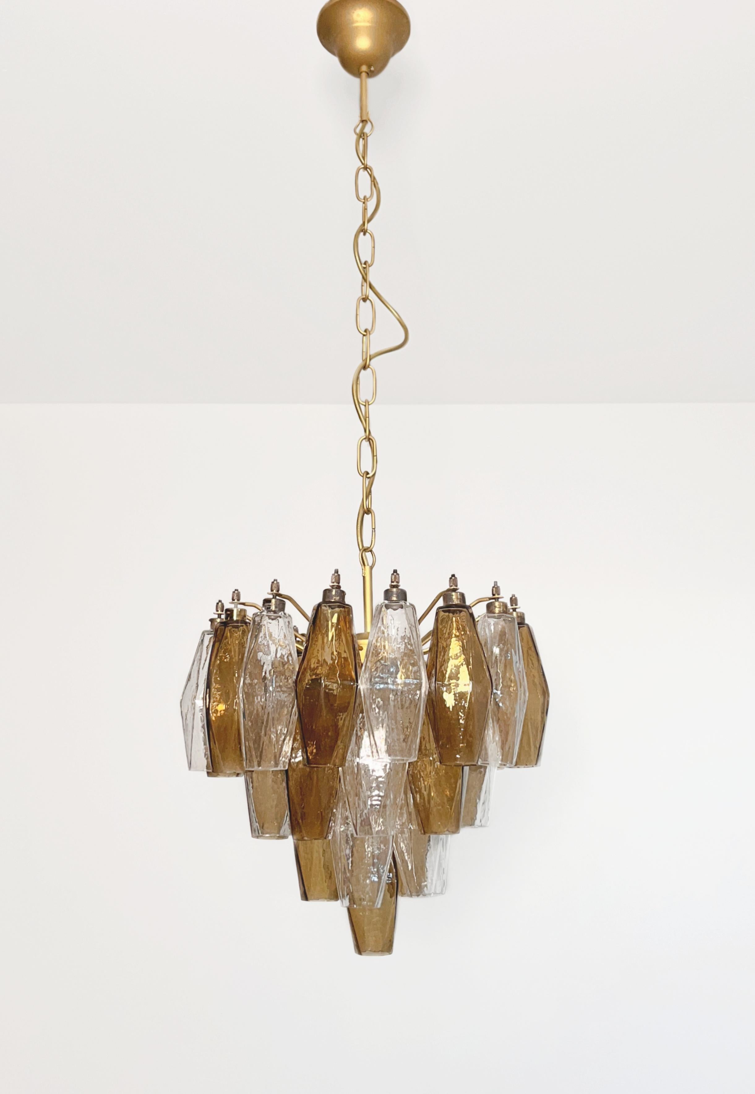 Blown Glass Elegant Murano Poliedri Chandelier-Carlo Scarpa design-clear and smoked glasses For Sale
