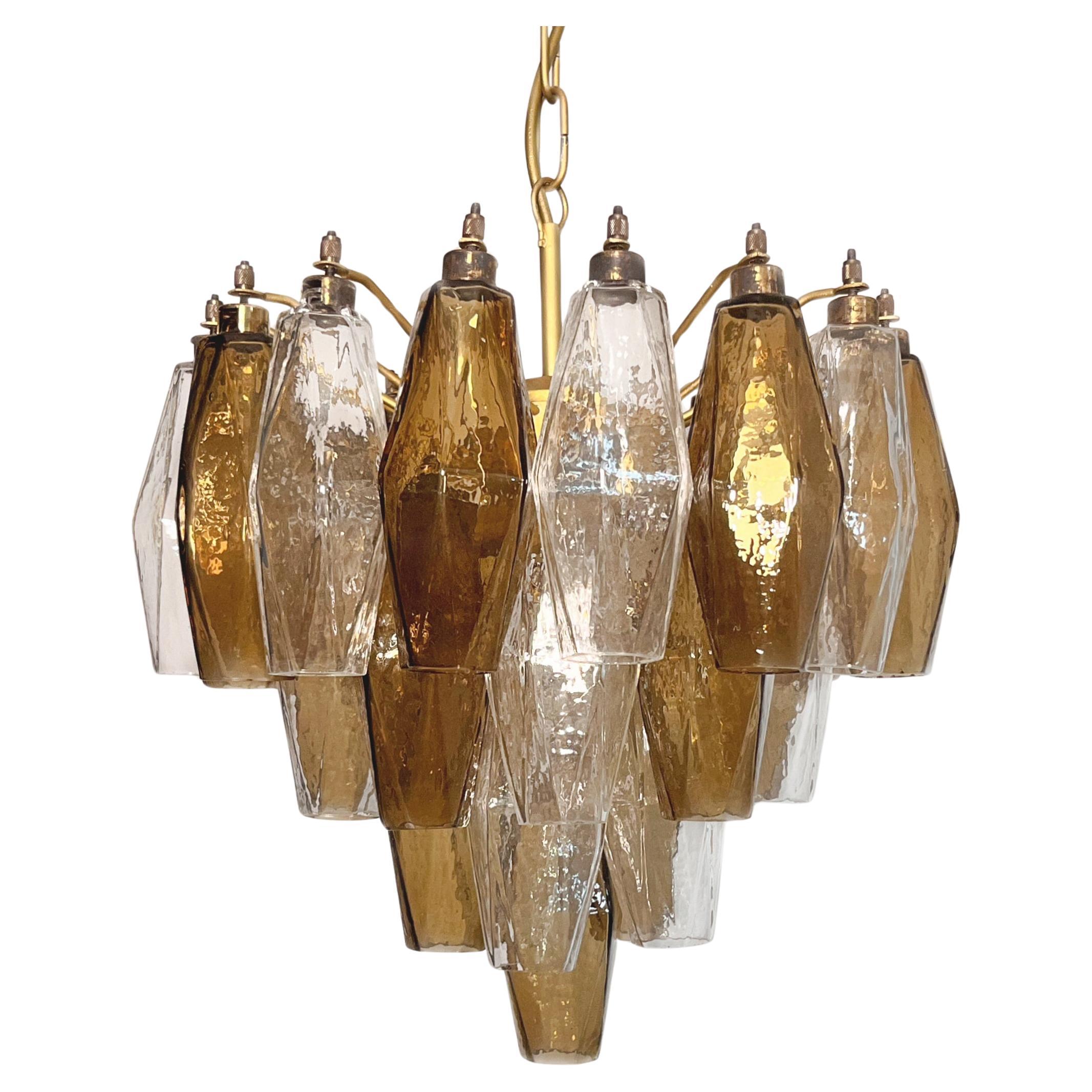 Elegante araña de Murano Poliedri-Diseño Carlo Scarpa-Cristales transparentes y ahumados