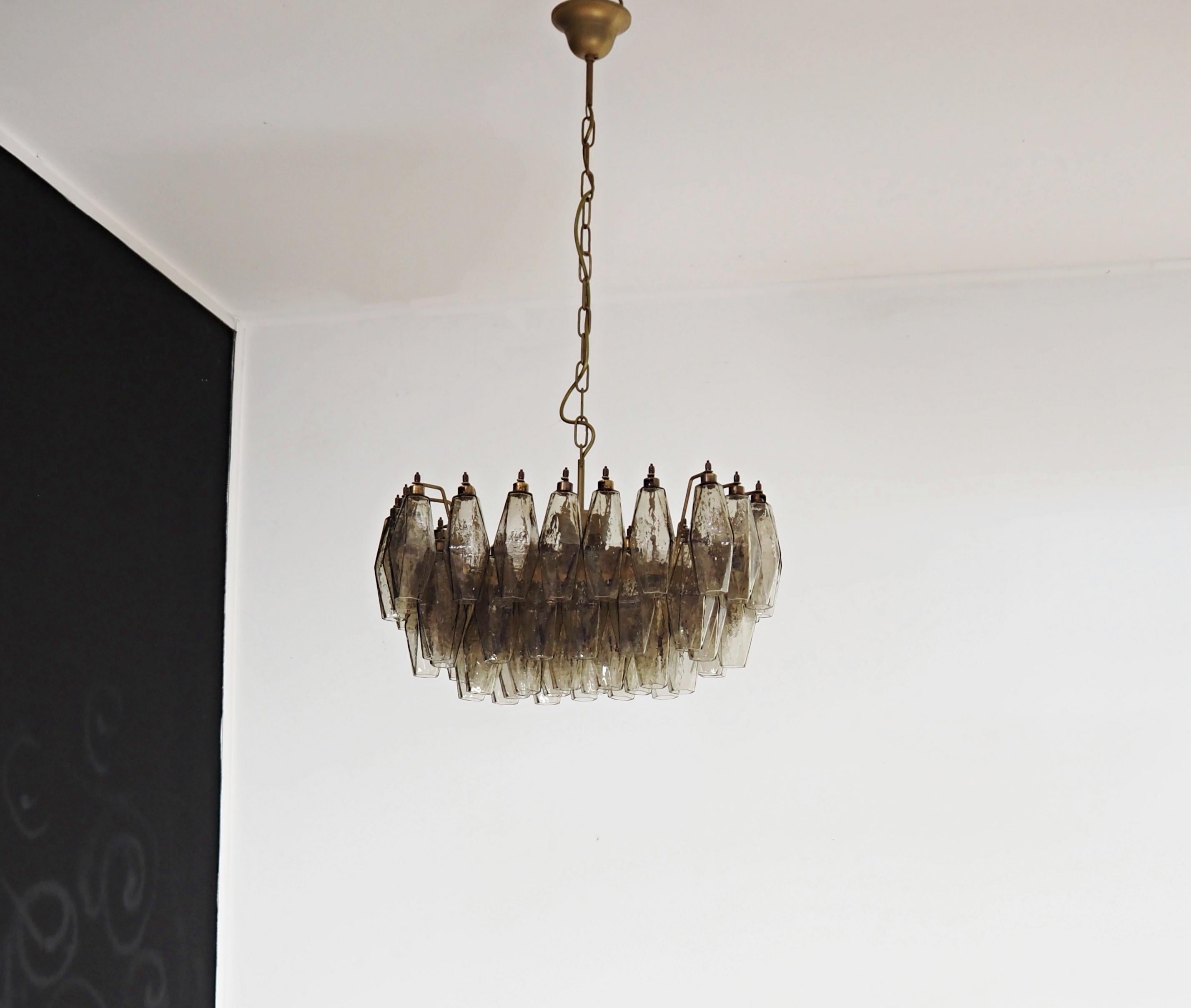 Mid-Century moderno Elegant Murano Poliedri Chandelier - Carlo Scarpa - smoked glasses in vendita