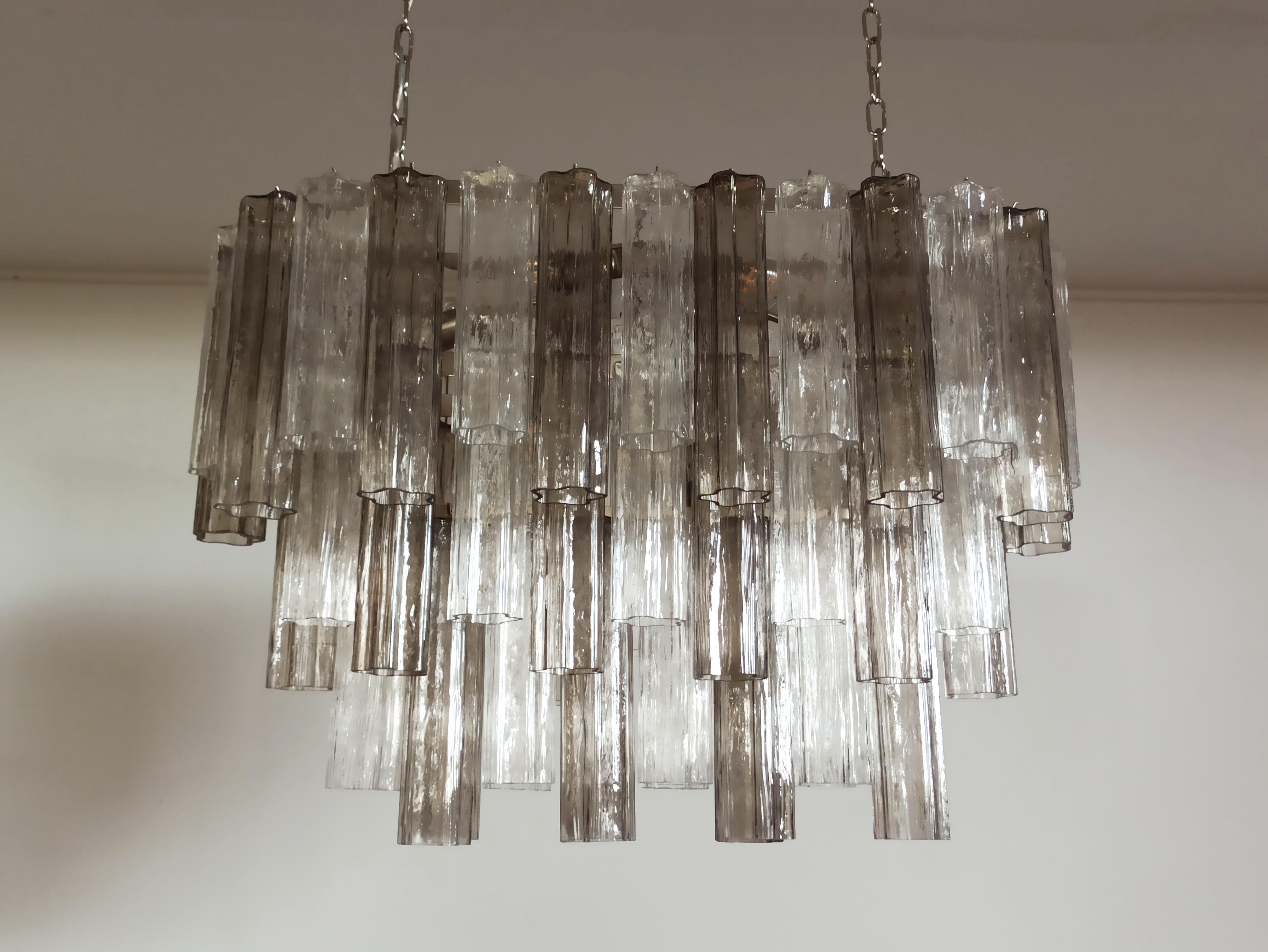 Mid-Century Modern Elegant Murano Tube Chandelier, 62 Transparent and Smoked Glasses For Sale