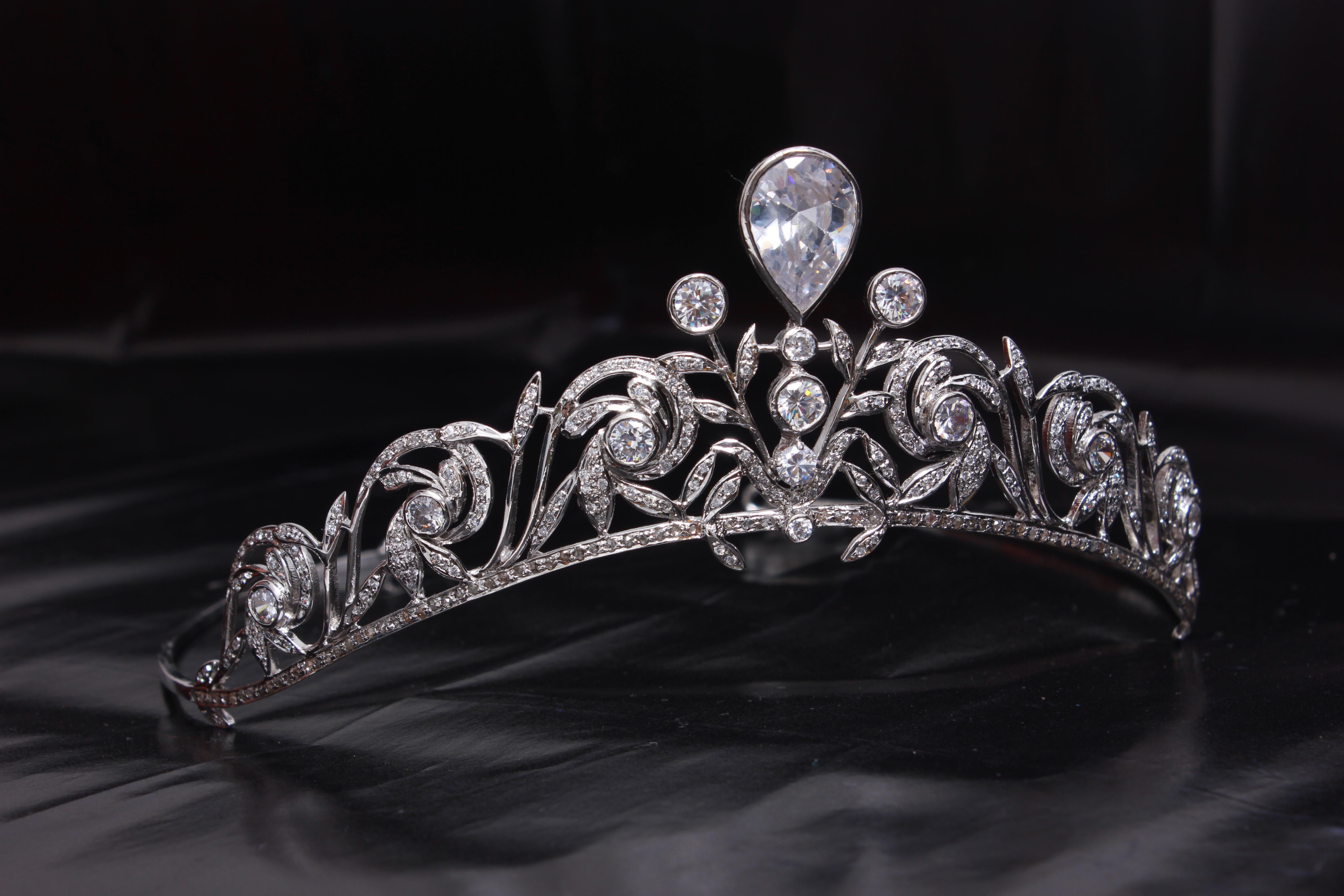 Edwardian Elegant Natural pave diamonds topaz sterling silver tiara head accessory band For Sale
