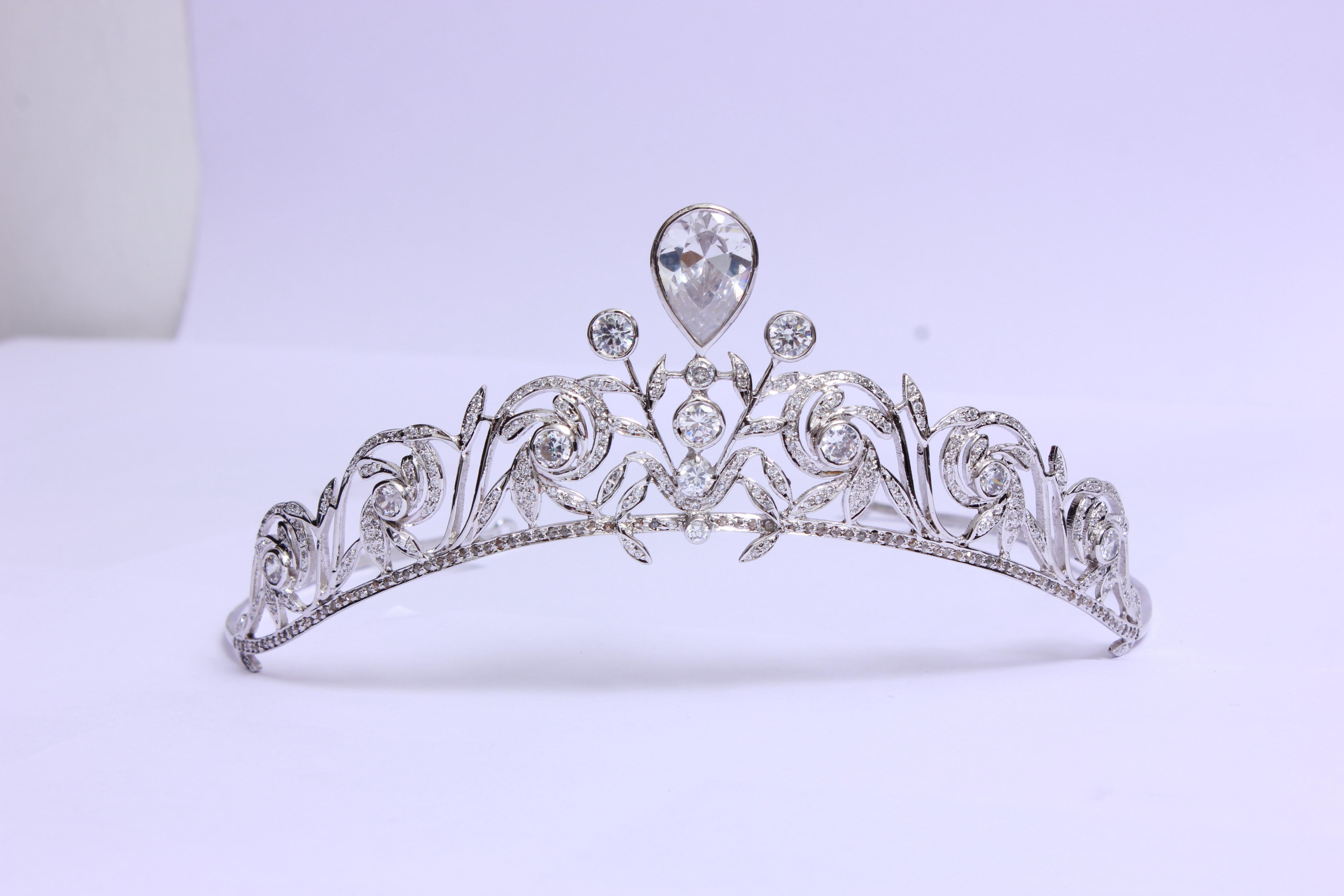 Rose Cut Elegant Natural pave diamonds topaz sterling silver tiara head accessory band For Sale