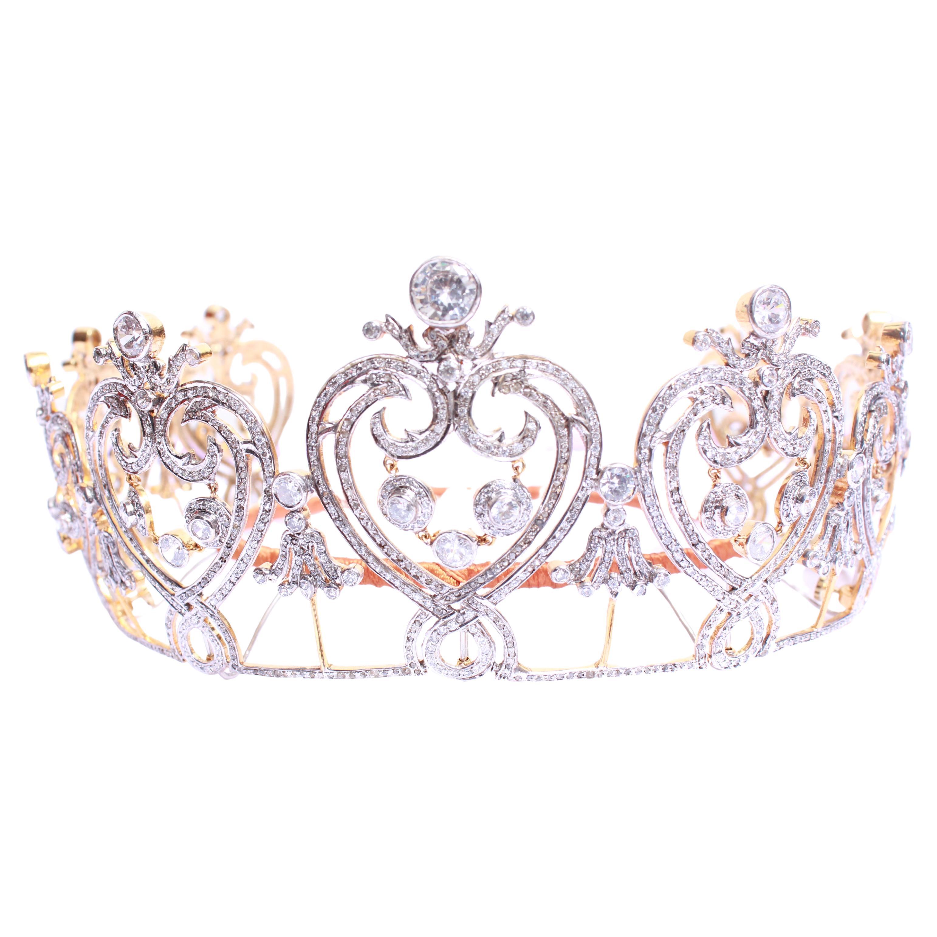 For the queen in you!
This royal tiara is a symbol of beauty and self-love. It is handmade with Natural pave diamonds and white topaz in sterling silver. 
Diamond- Pave diamonds
Diamond weight- 14.25ct
Diamond color- White with a tint of