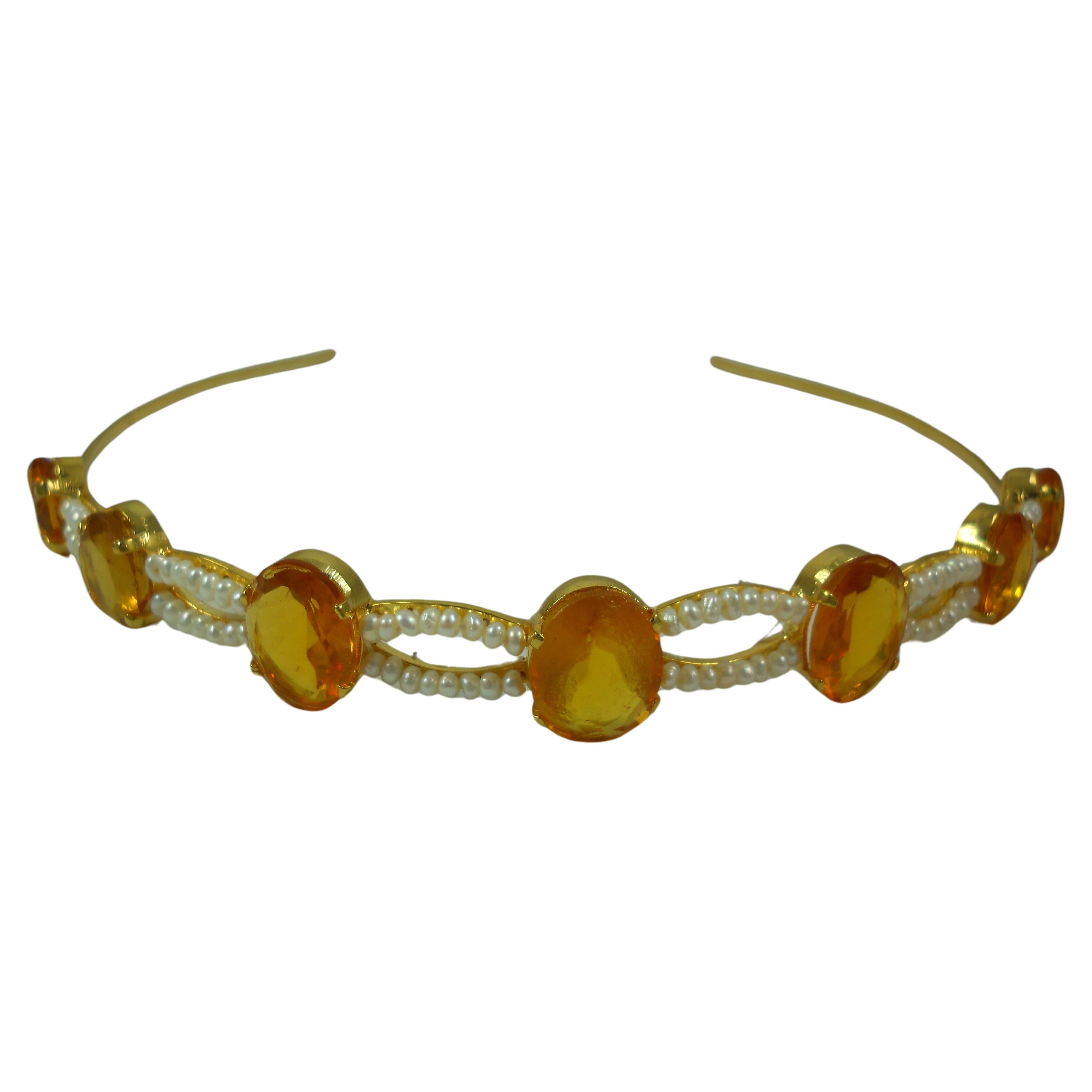 Elegant Natural pearls and citrine sterling silver tiara head accessory band For Sale