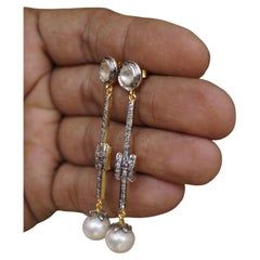 Elegant Natural uncut diamonds button pearl oxidized sterling silver earrings