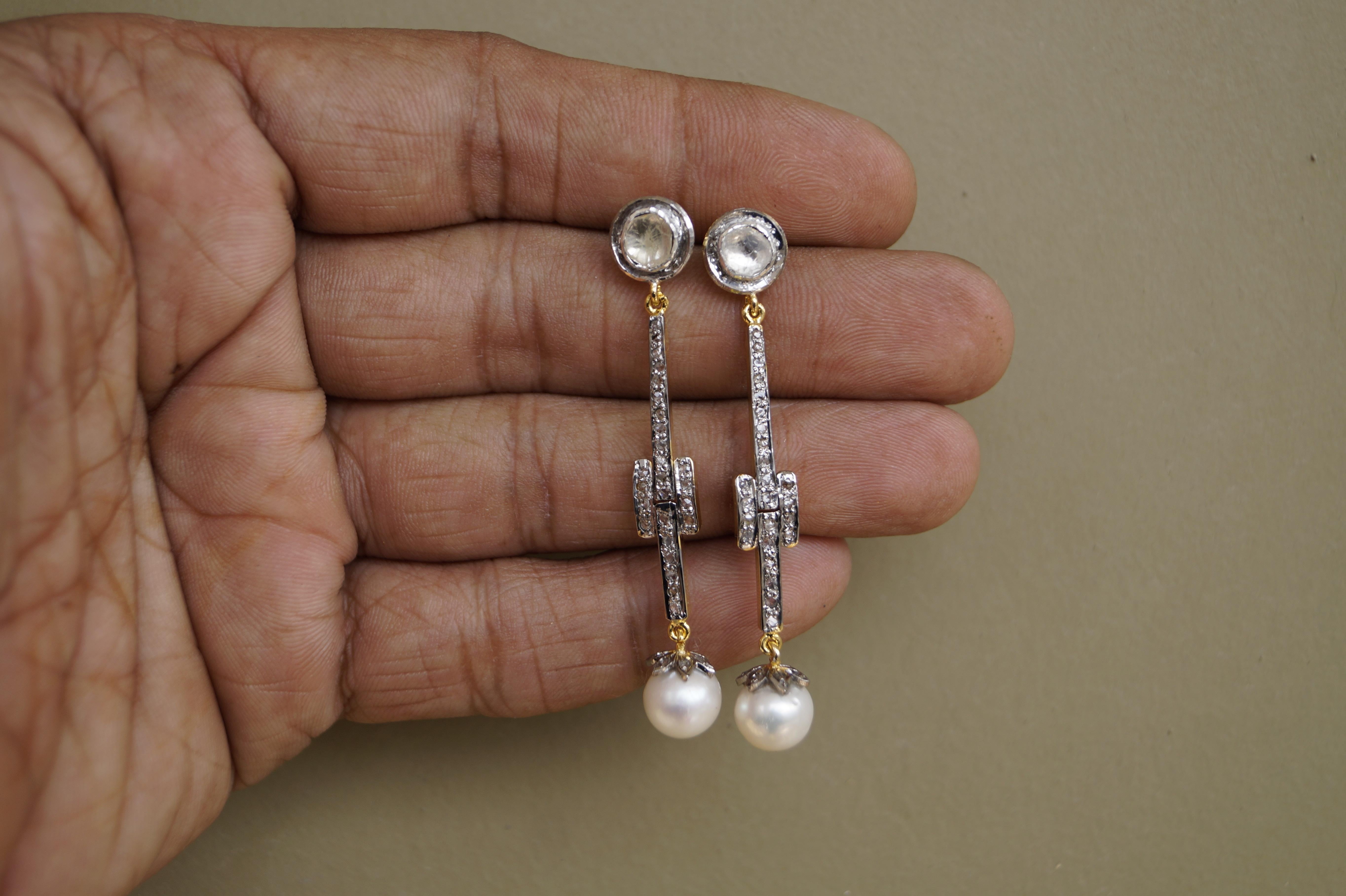 Rose Cut Elegant Natural uncut diamonds button pearl oxidized sterling silver earrings For Sale