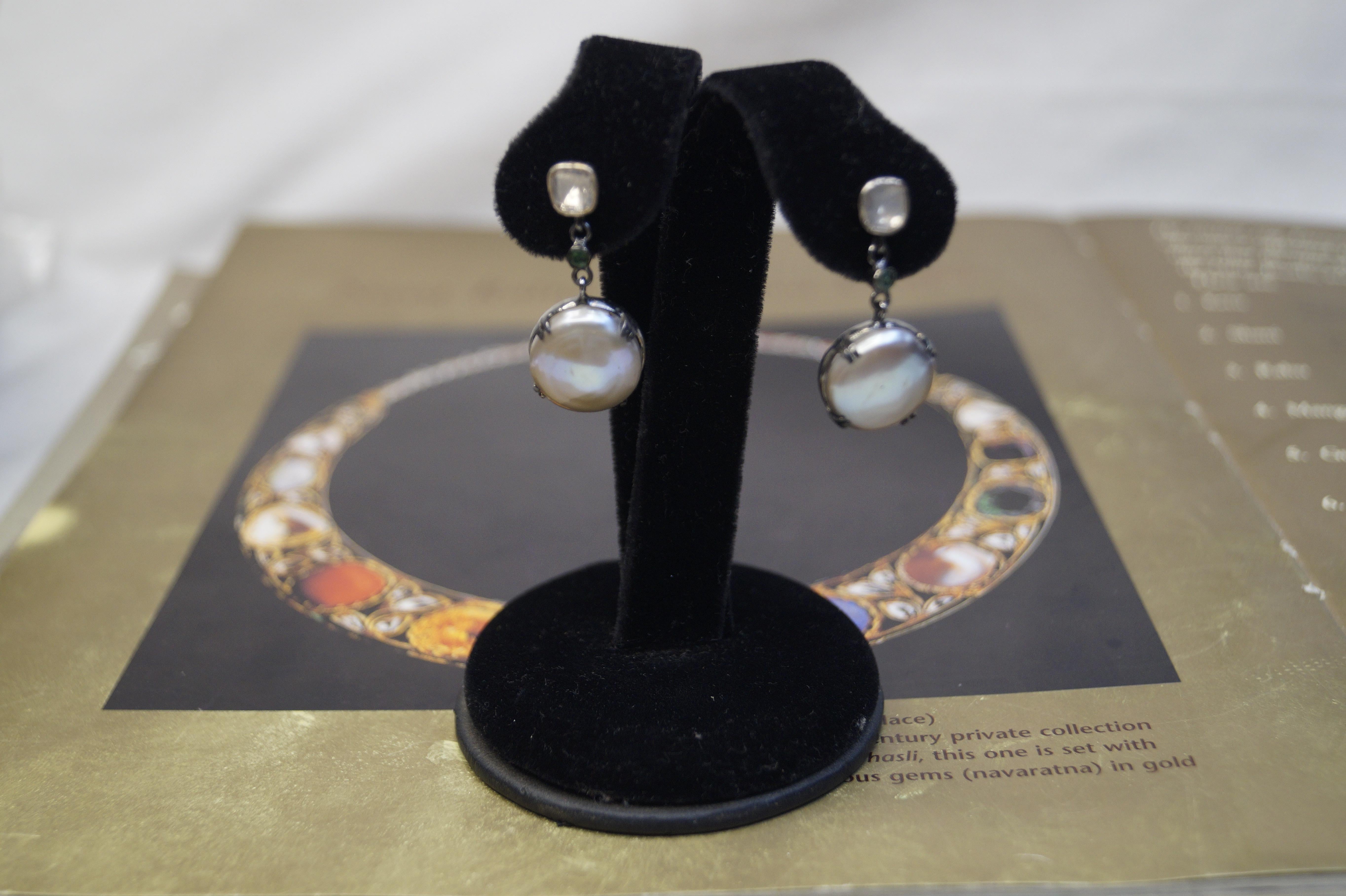 Women's or Men's Elegant Natural uncut diamonds button pearl oxidized sterling silver earrings  For Sale