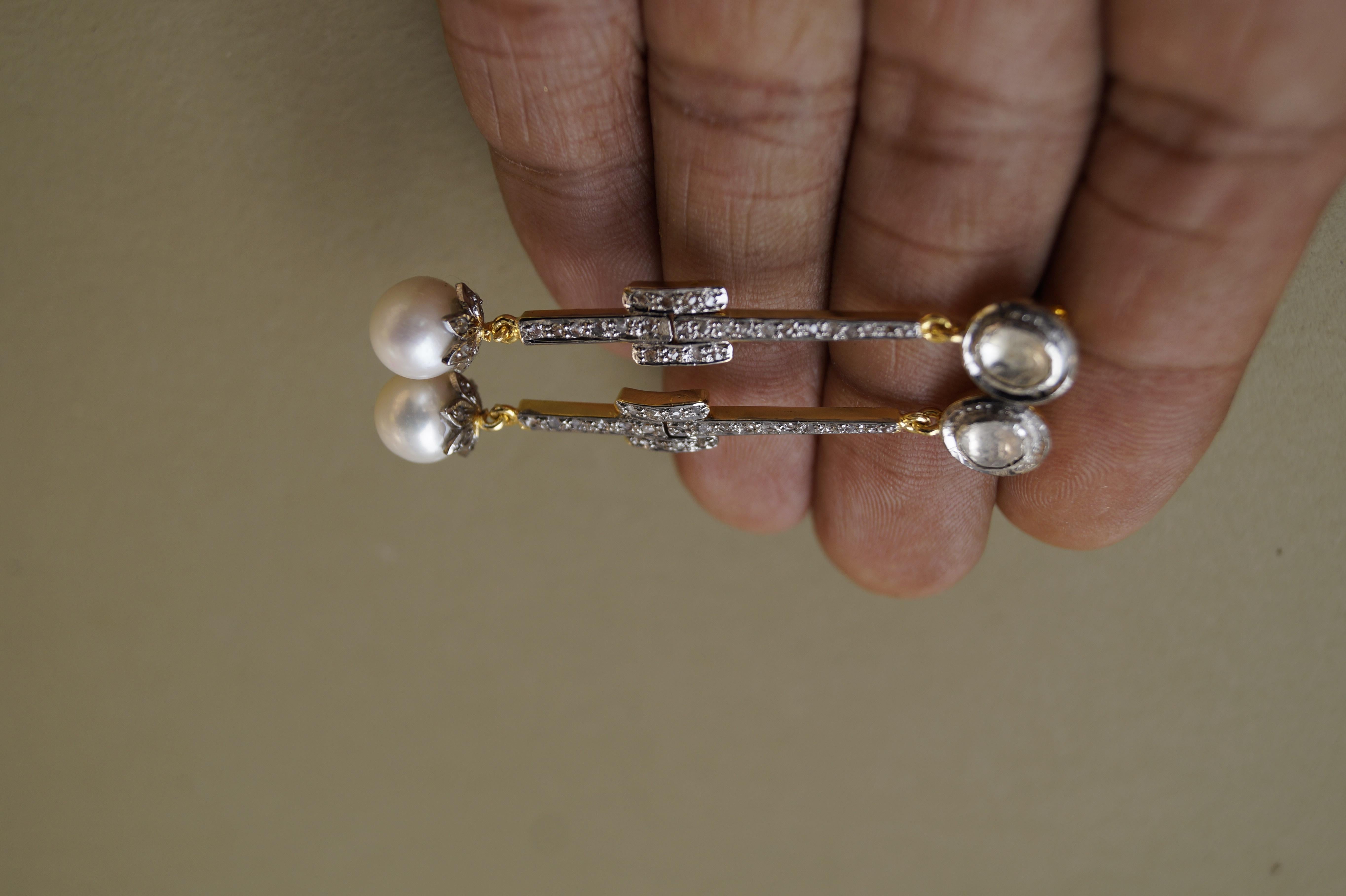 Women's or Men's Elegant Natural uncut diamonds button pearl oxidized sterling silver earrings For Sale