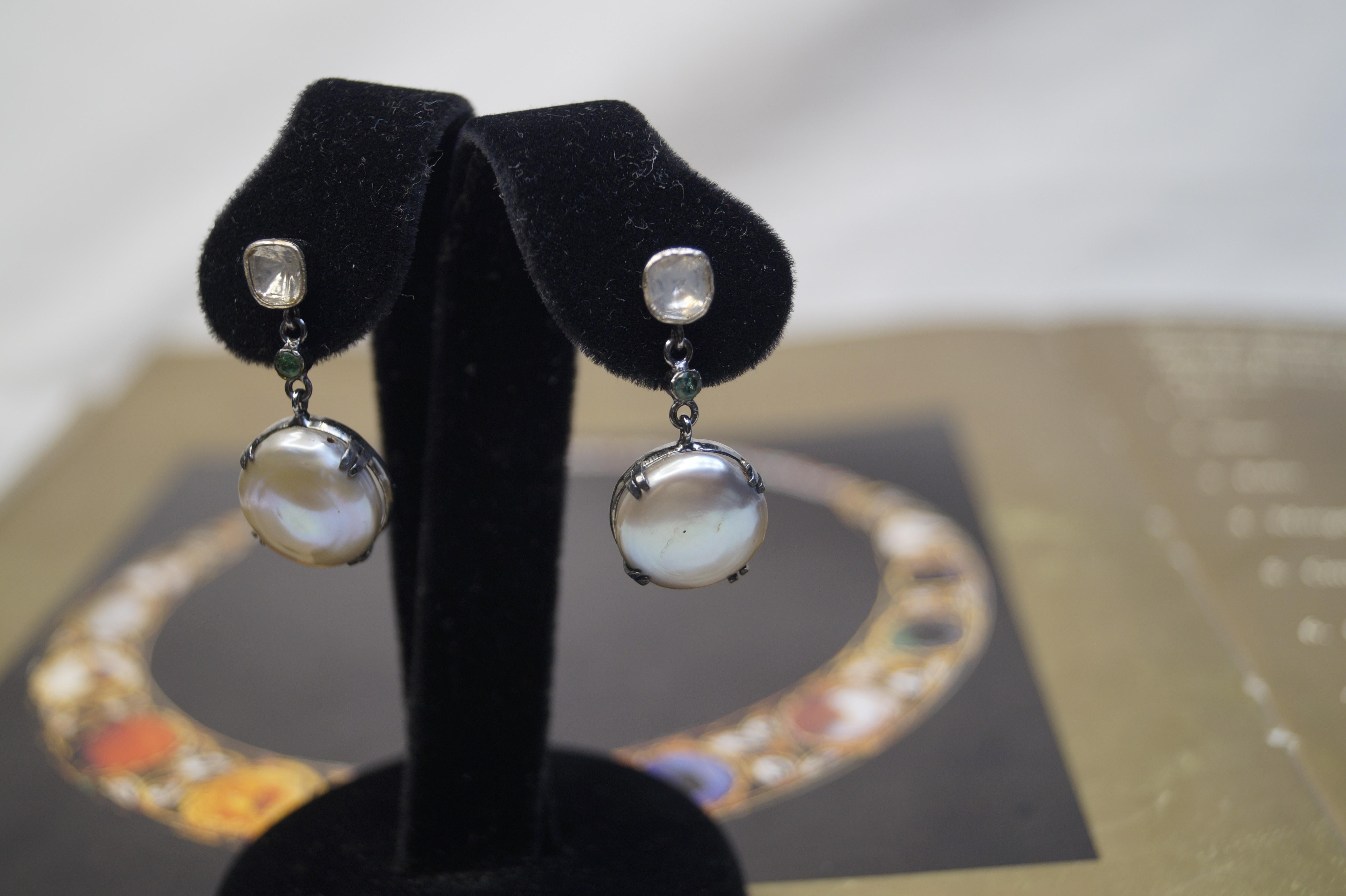 Elegant Natural uncut diamonds button pearl oxidized sterling silver earrings  For Sale 1