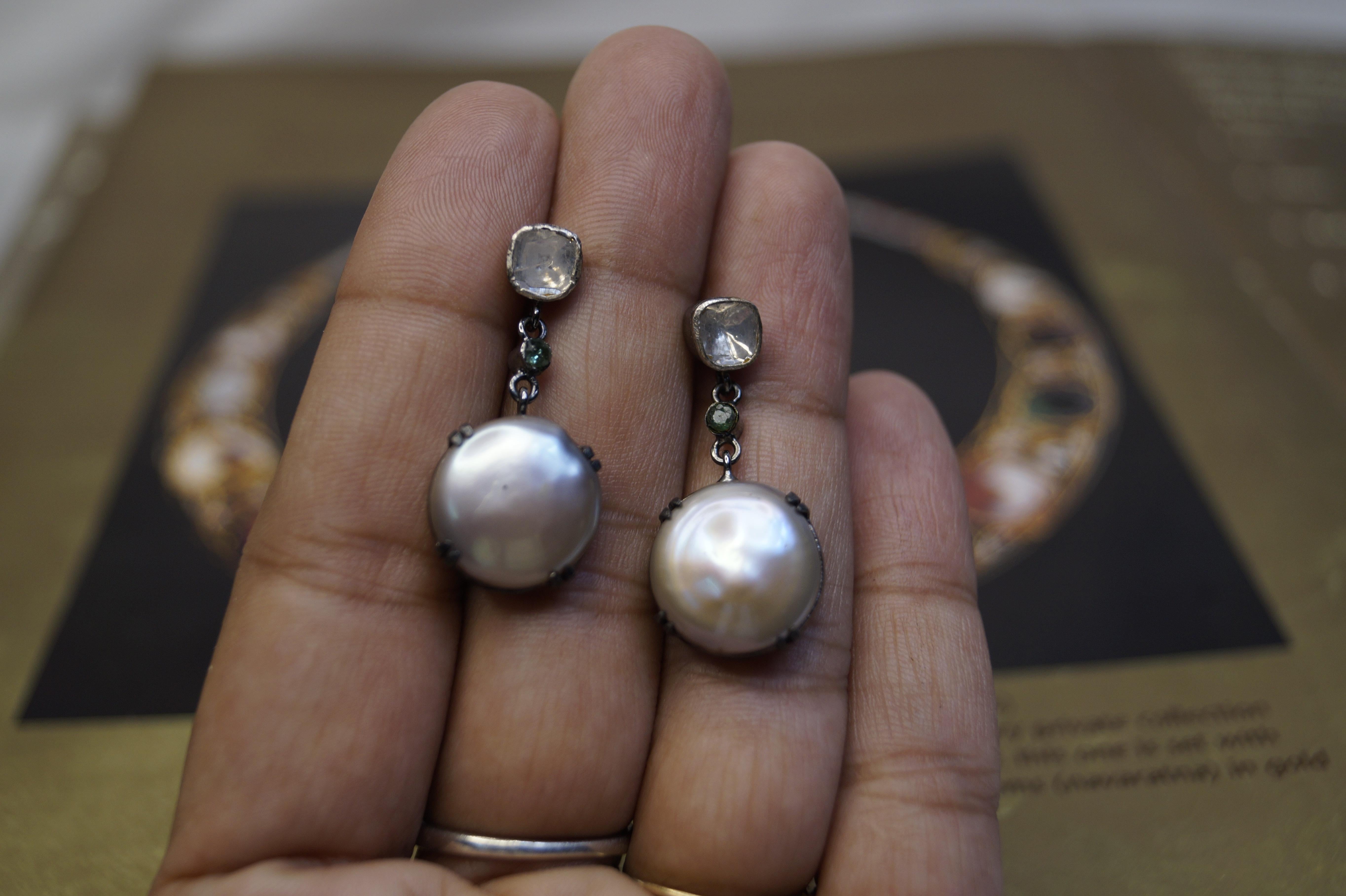 Elegant Natural uncut diamonds button pearl oxidized sterling silver earrings  For Sale 2