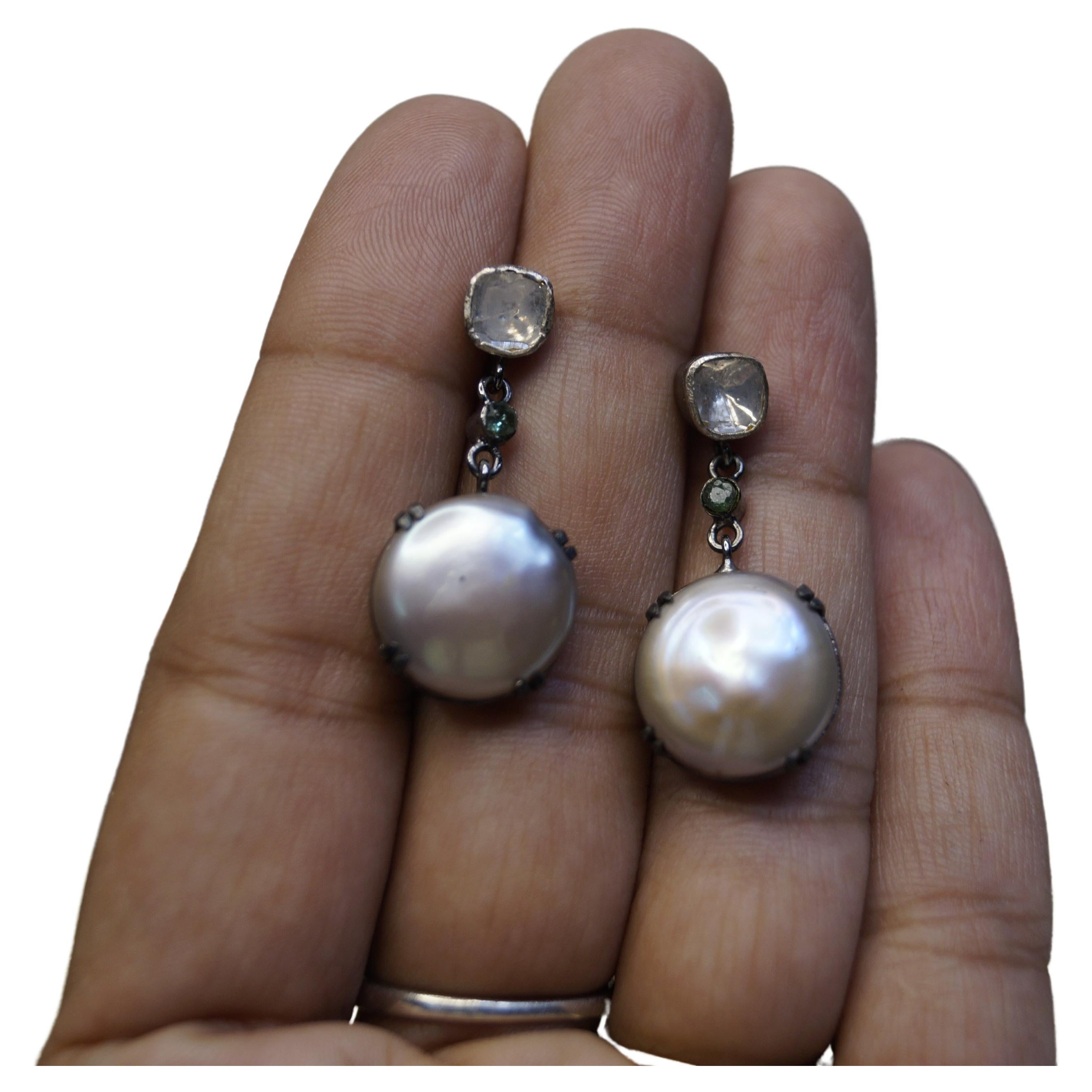 Elegant Natural uncut diamonds button pearl oxidized sterling silver earrings  For Sale