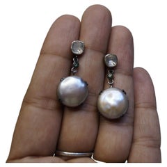Antique Elegant Natural uncut diamonds button pearl oxidized sterling silver earrings 