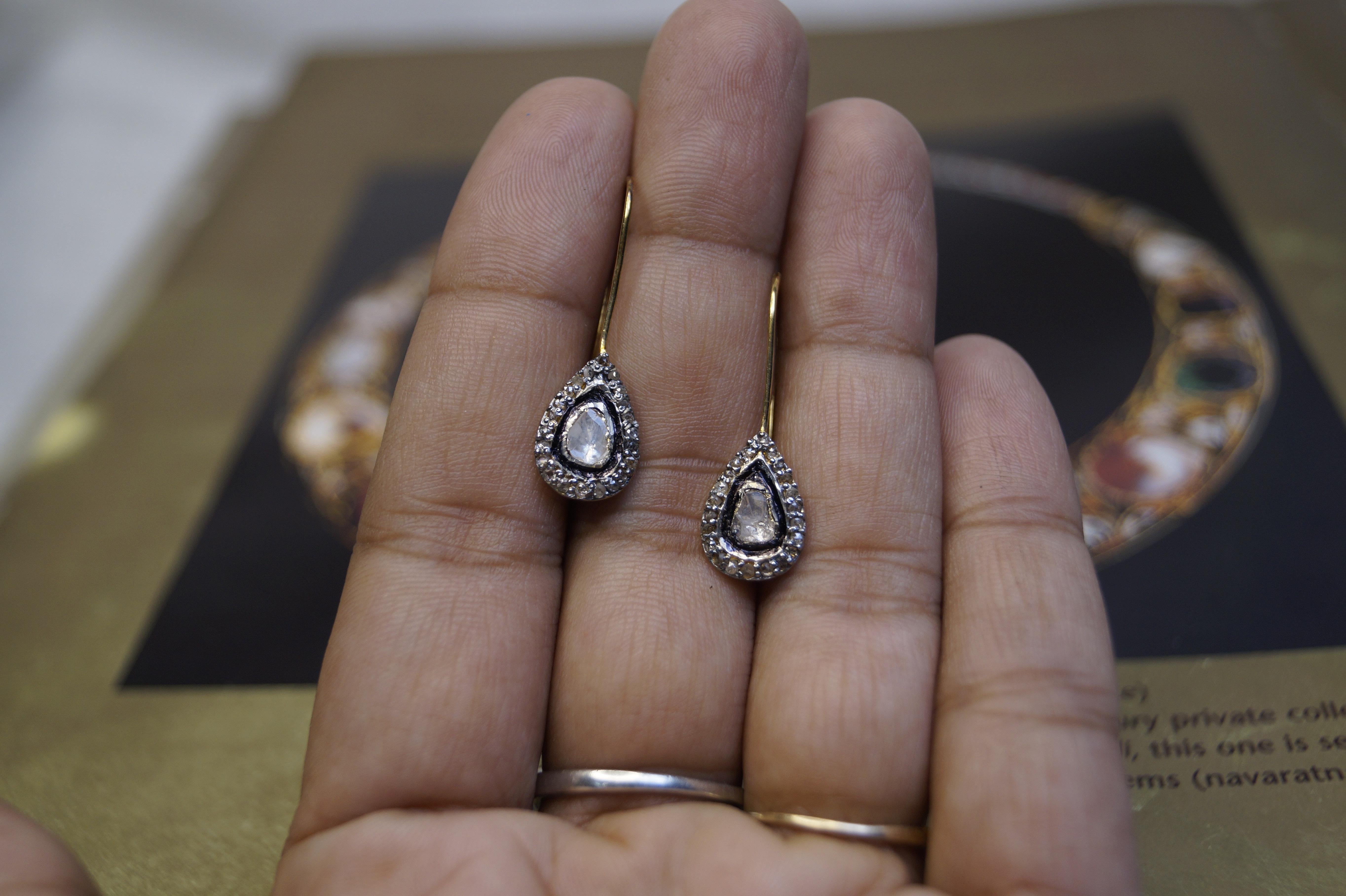 Uncut Elegant Natural uncut diamonds sterling silver drop wire earrings  For Sale