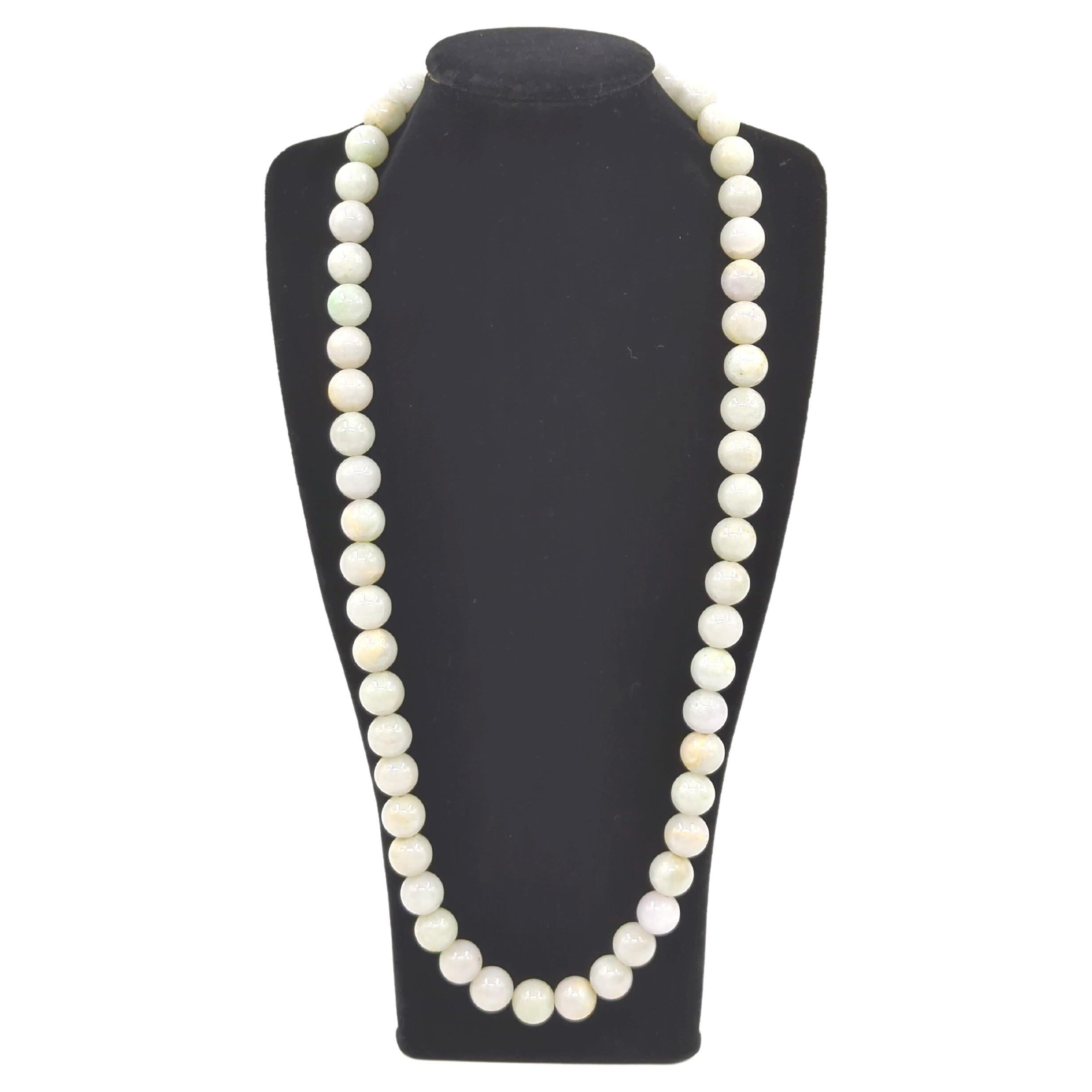 Elegant Natural White Jadeite Beaded Necklace A-Grade 55pc 11mm Beads 23"  For Sale