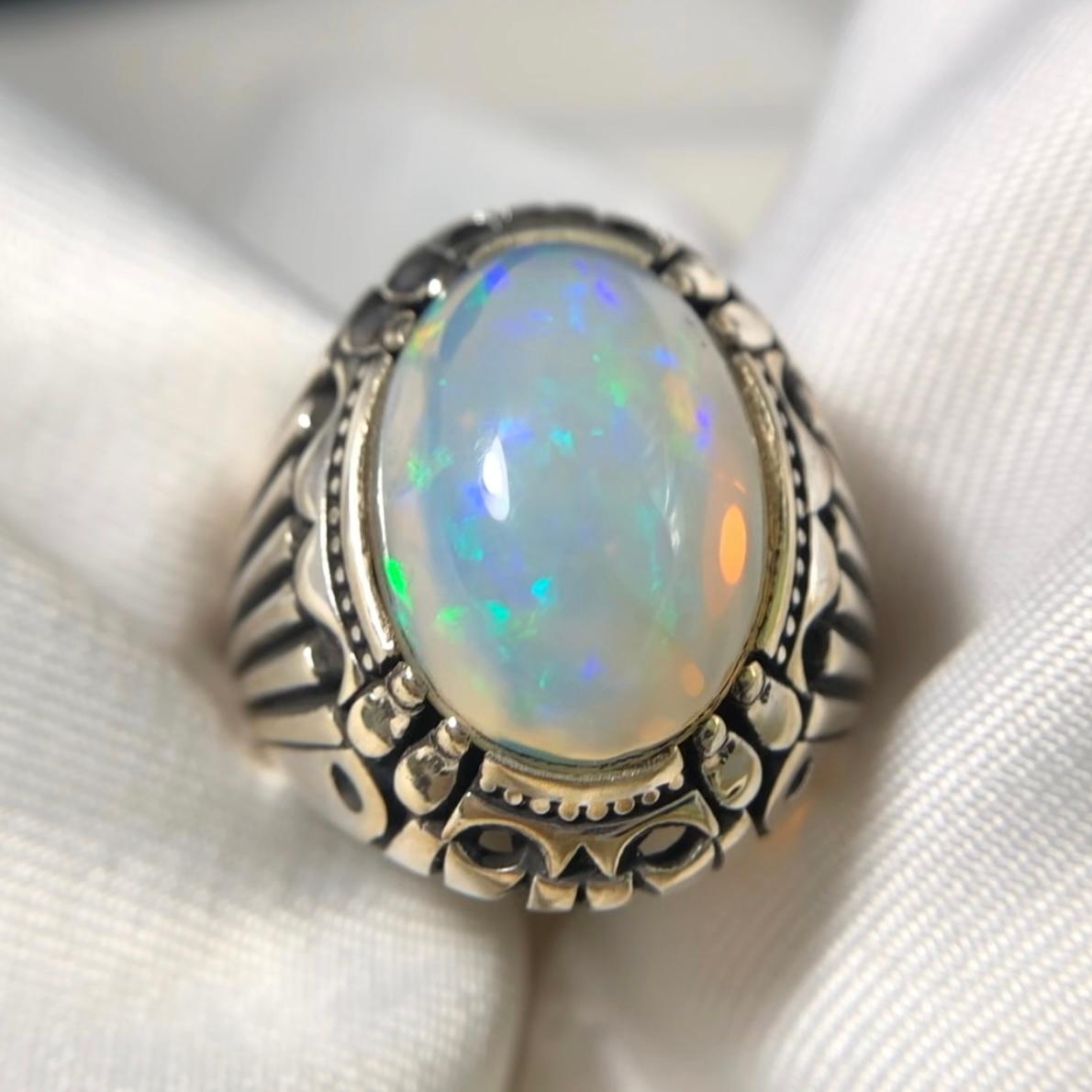 Elegant Natural White Opal 925 Silver Ring Handmade with Play of Colors Size 9.5 For Sale 5