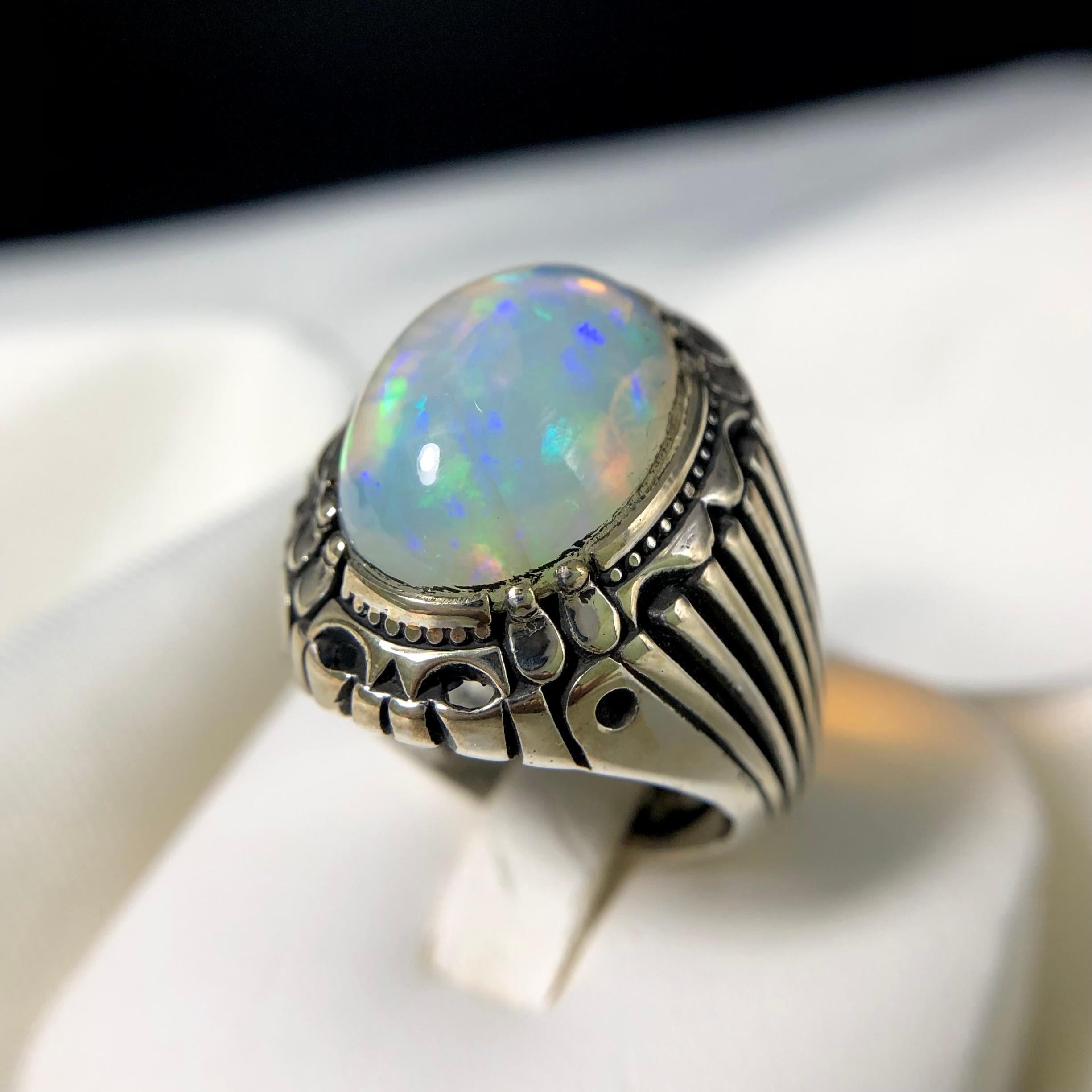 Artisan Elegant Natural White Opal 925 Silver Ring Handmade with Play of Colors Size 9.5 For Sale