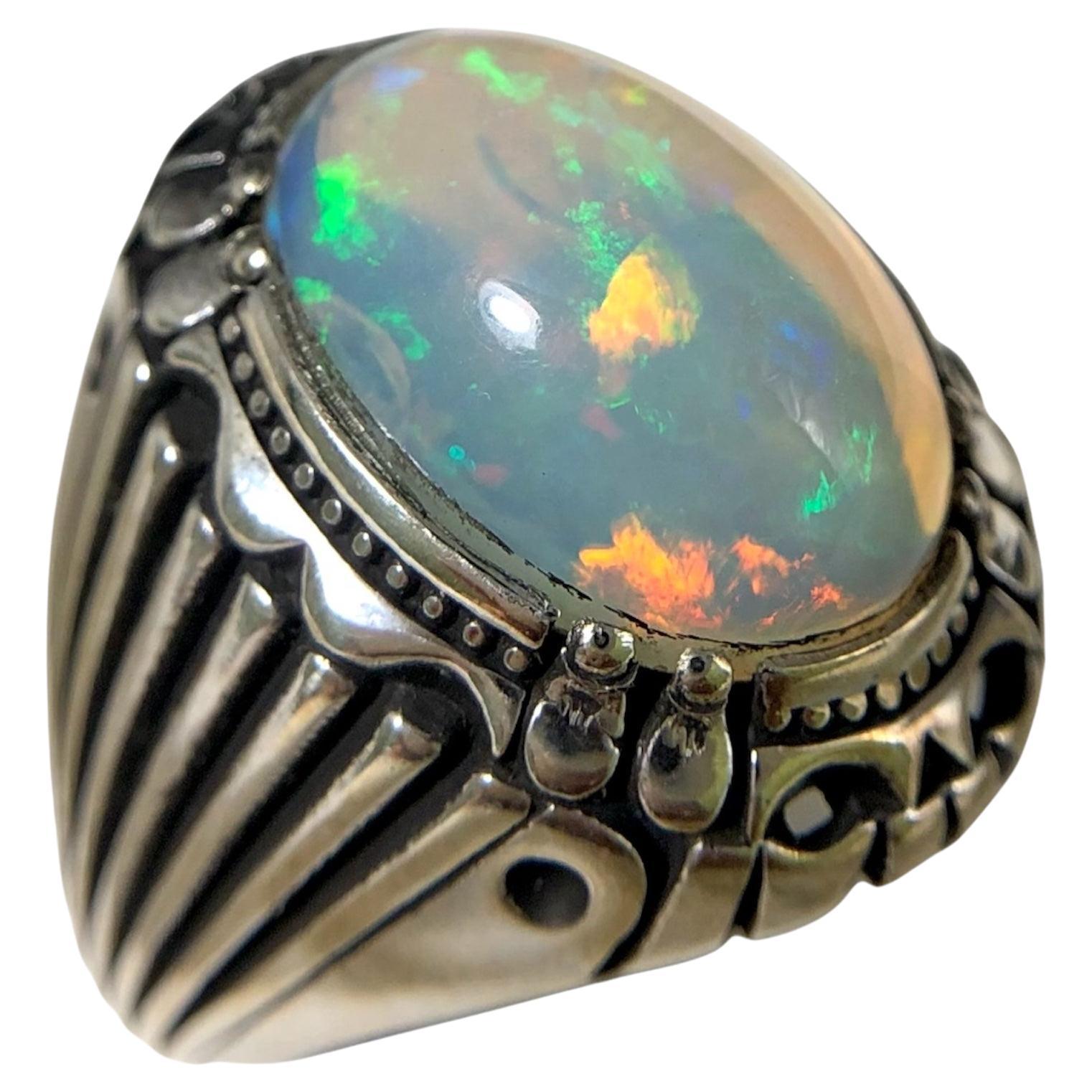 Elegant Natural White Opal 925 Silver Ring Handmade with Play of Colors Size 9.5 For Sale