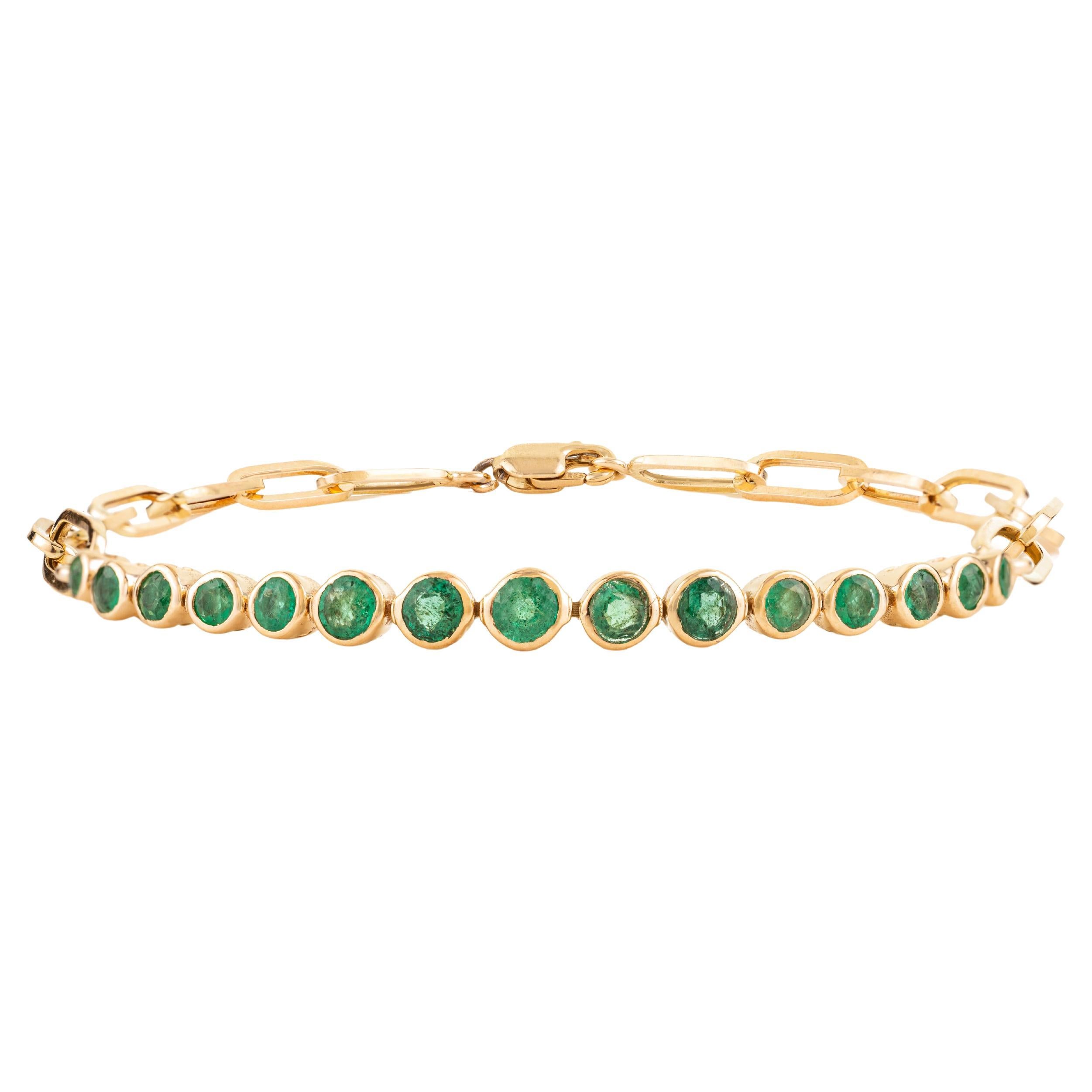 Elegante Pulsera de Cadena con Esmeralda Natural de Zambia en Oro Amarillo Macizo de 14 K en venta