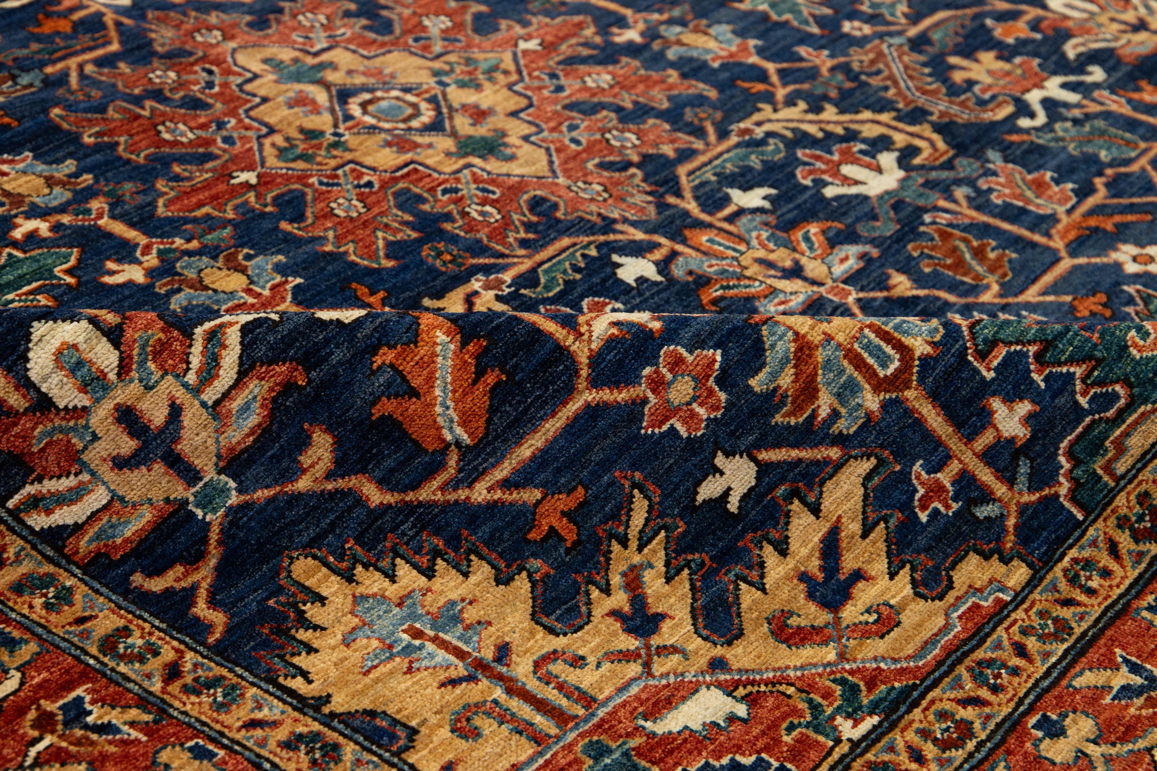 Elegant Navy Blue Contemporary Serapi-Style Wool Rug Featuring an Allover Floral For Sale 4