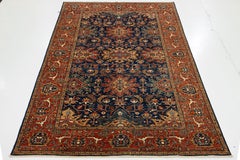 Elegant Navy Blue Contemporary Serapi-Style Wool Rug Featuring an Allover Floral