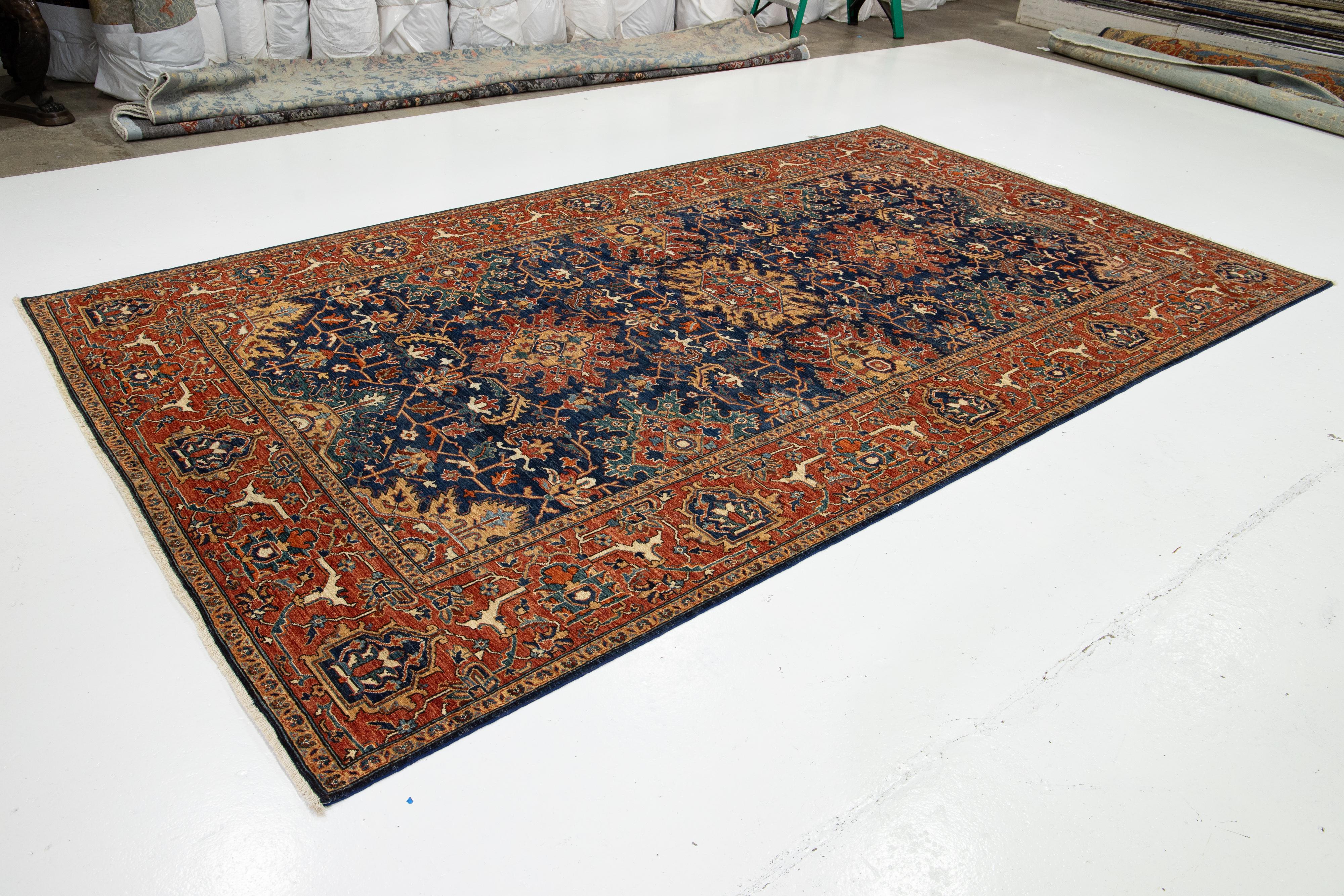 Islamic Elegant Navy Blue Contemporary Serapi-Style Wool Rug Featuring an Allover Floral For Sale
