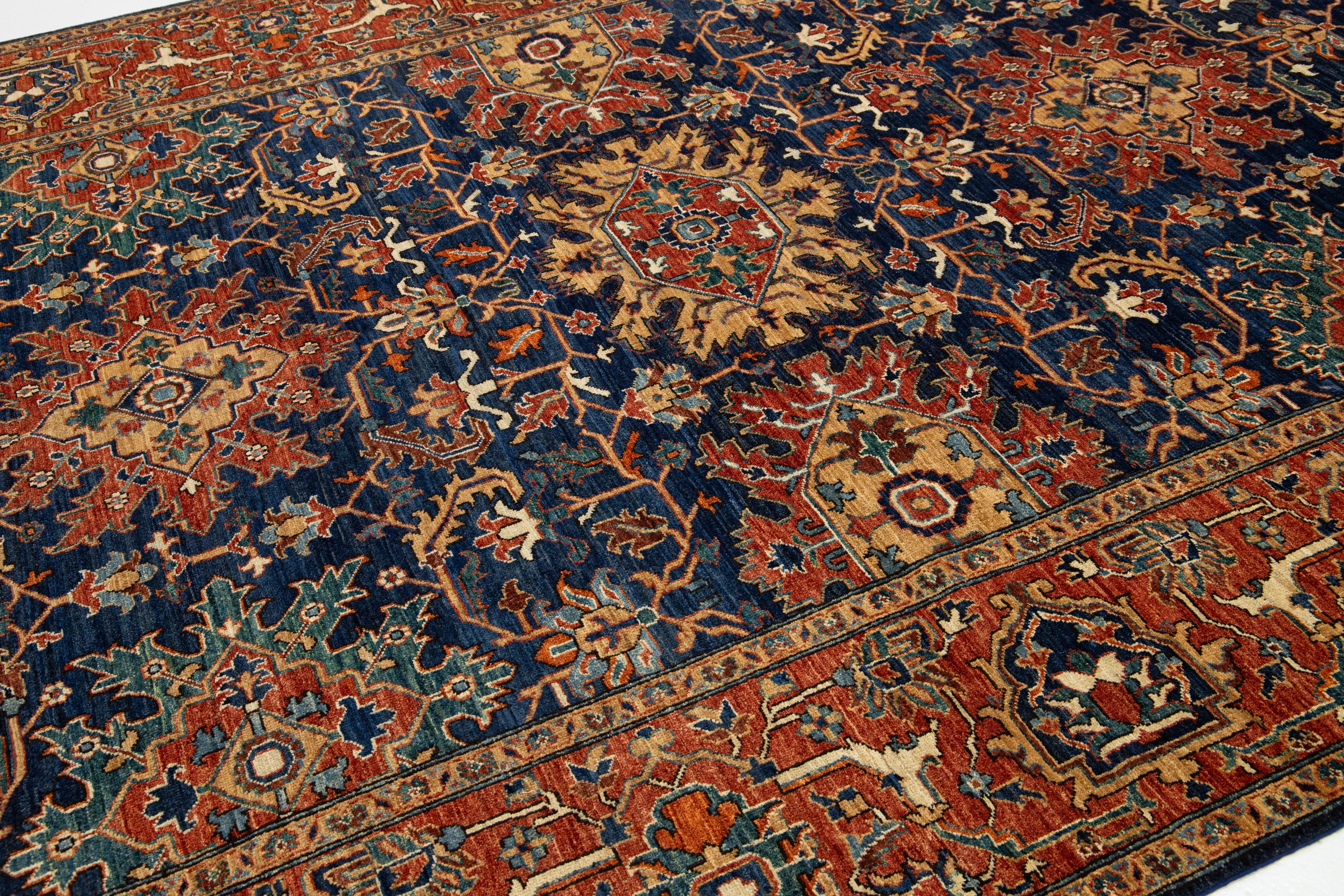 Pakistani Elegant Navy Blue Contemporary Serapi-Style Wool Rug Featuring an Allover Floral For Sale