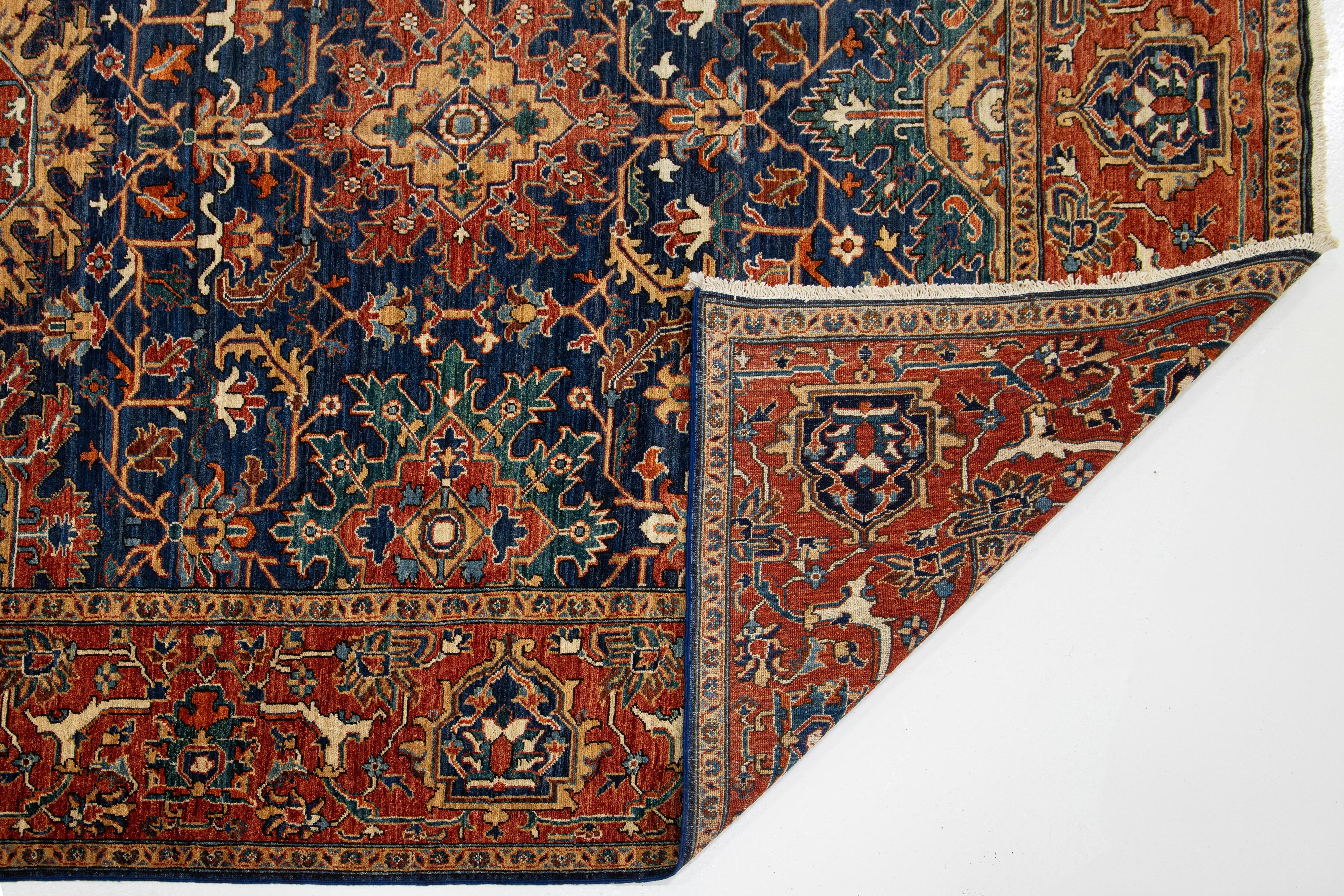Hand-Knotted Elegant Navy Blue Contemporary Serapi-Style Wool Rug Featuring an Allover Floral For Sale