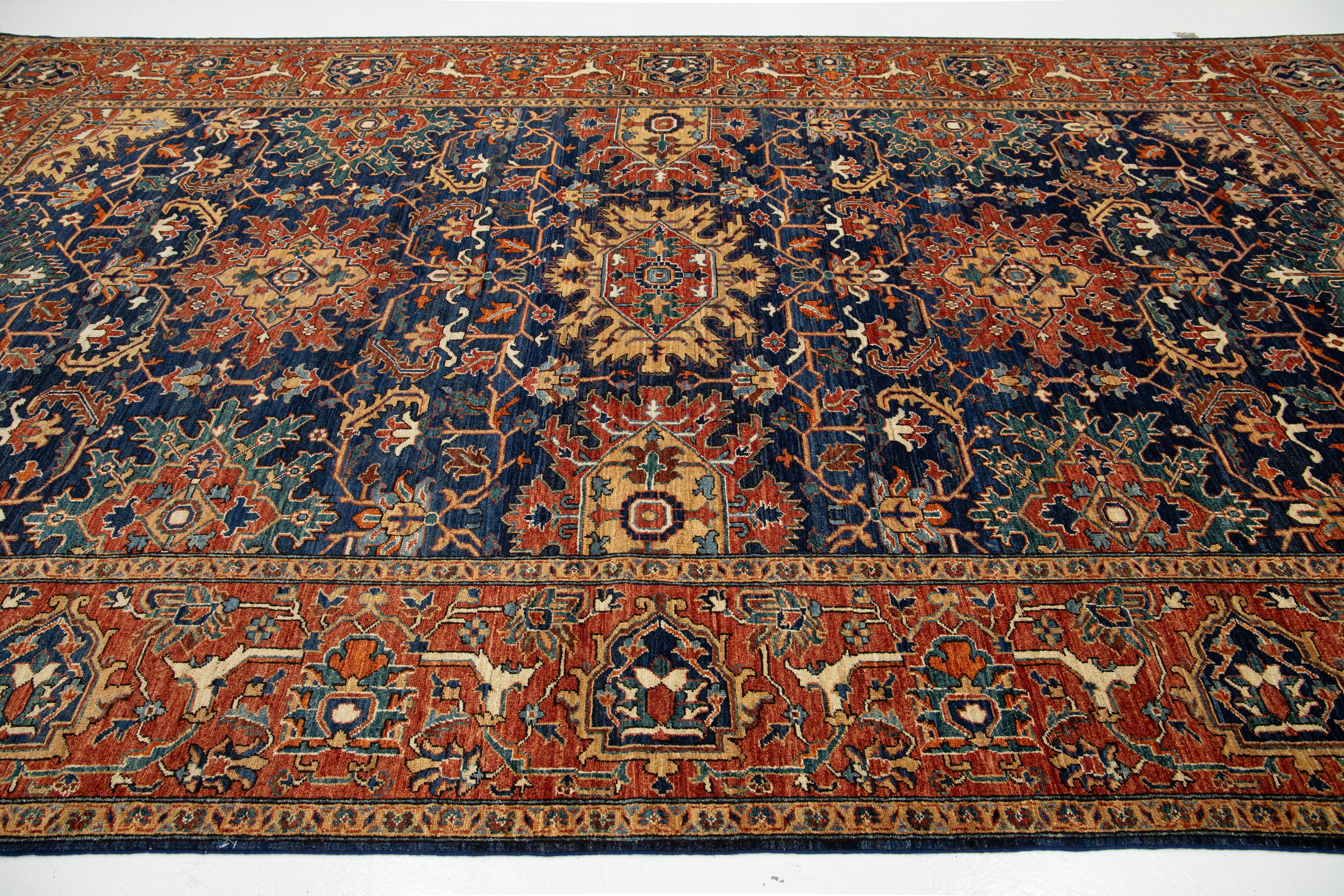 Elegant Navy Blue Contemporary Serapi-Style Wool Rug Featuring an Allover Floral In New Condition For Sale In Norwalk, CT