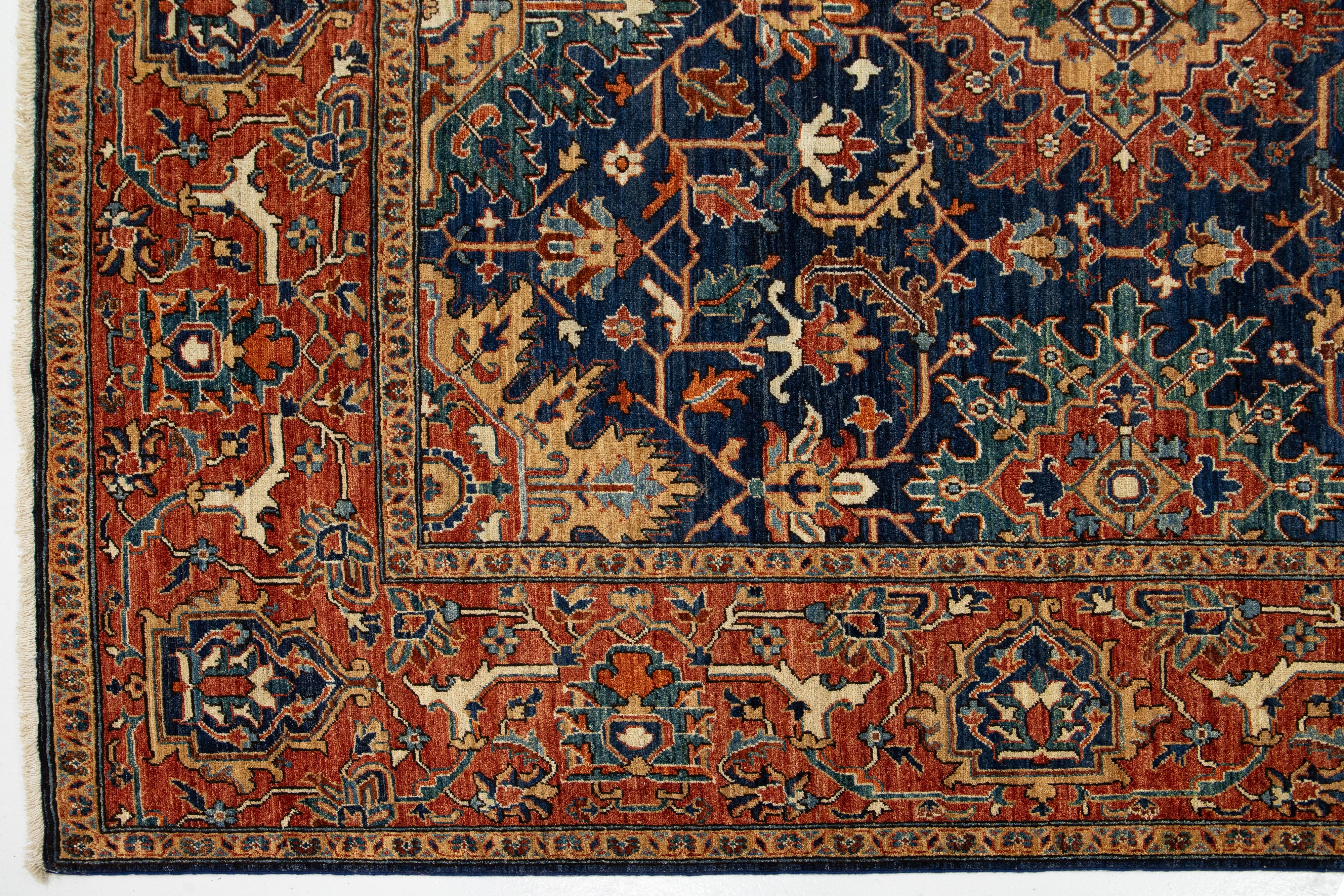 Elegant Navy Blue Contemporary Serapi-Style Wool Rug Featuring an Allover Floral For Sale 1