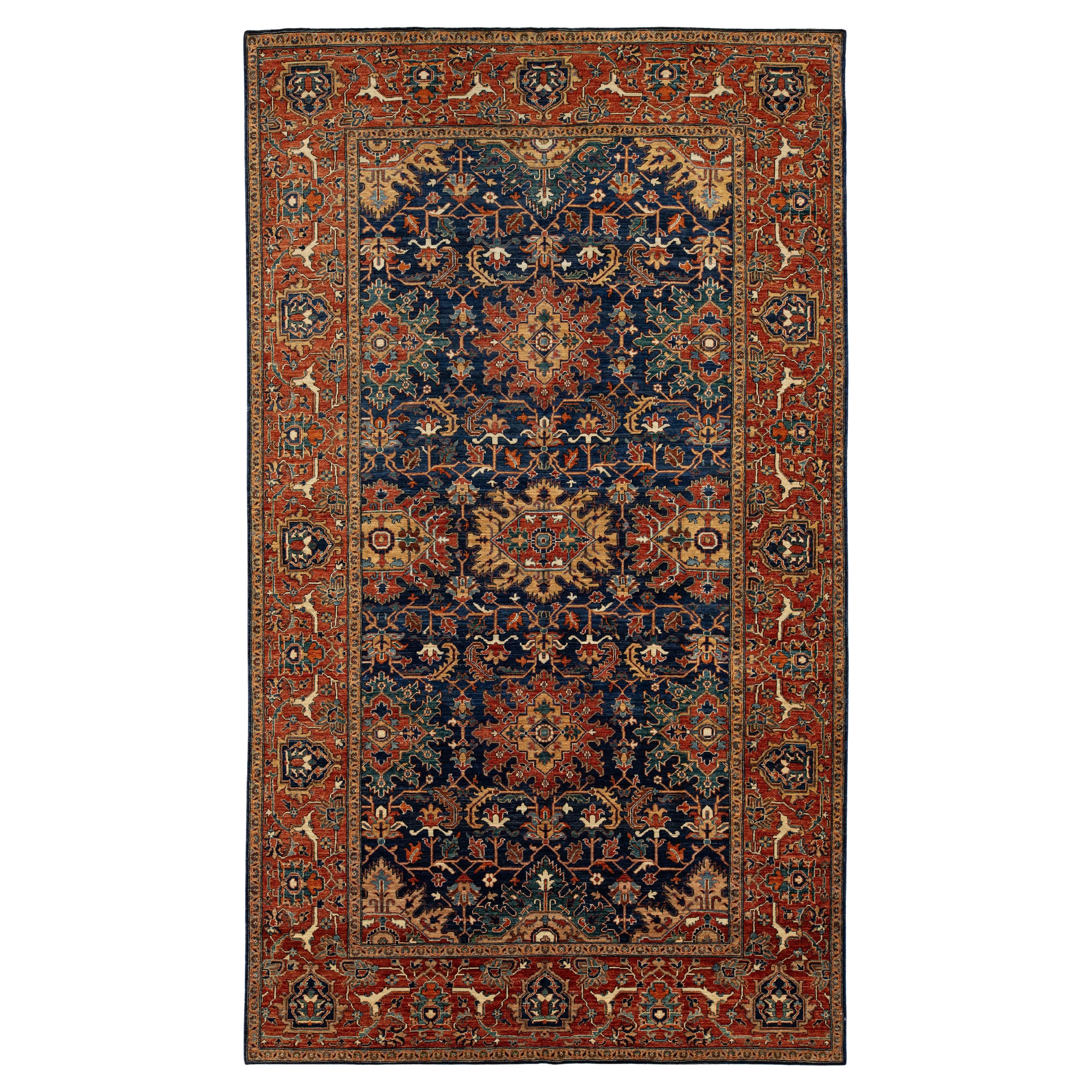 Elegant Navy Blue Contemporary Serapi-Style Wool Rug Featuring an Allover Floral
