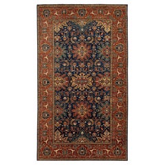 Elegant Navy Blue Contemporary Serapi-Style Wool Rug Featuring an Allover Floral