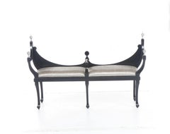 Elegant Neoclassical Blk.Wood Bench Silver Leaf Urn Finials, Silver Lame Upholst