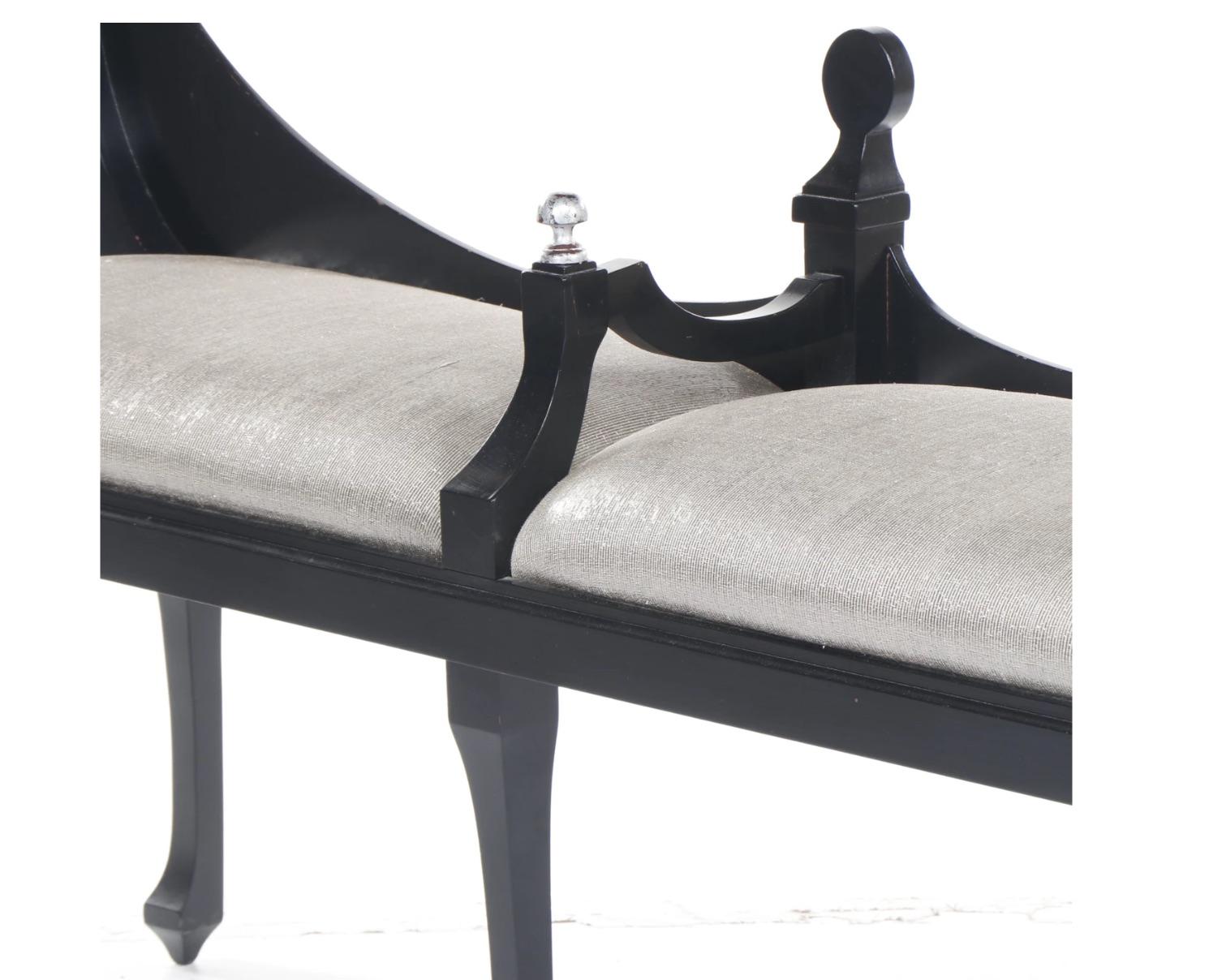 Silvered Elegant Neoclassical Blk.Wood Bench Silver Leaf Urn Finials, Silver Lame Upholst For Sale