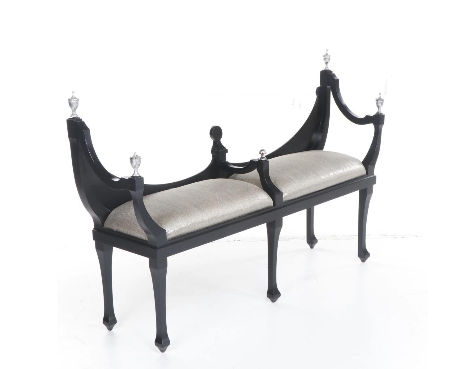 Elegant Neoclassical Blk.Wood Bench Silver Leaf Urn Finials, Silver Lame Upholst In Good Condition For Sale In West Palm Beach, FL