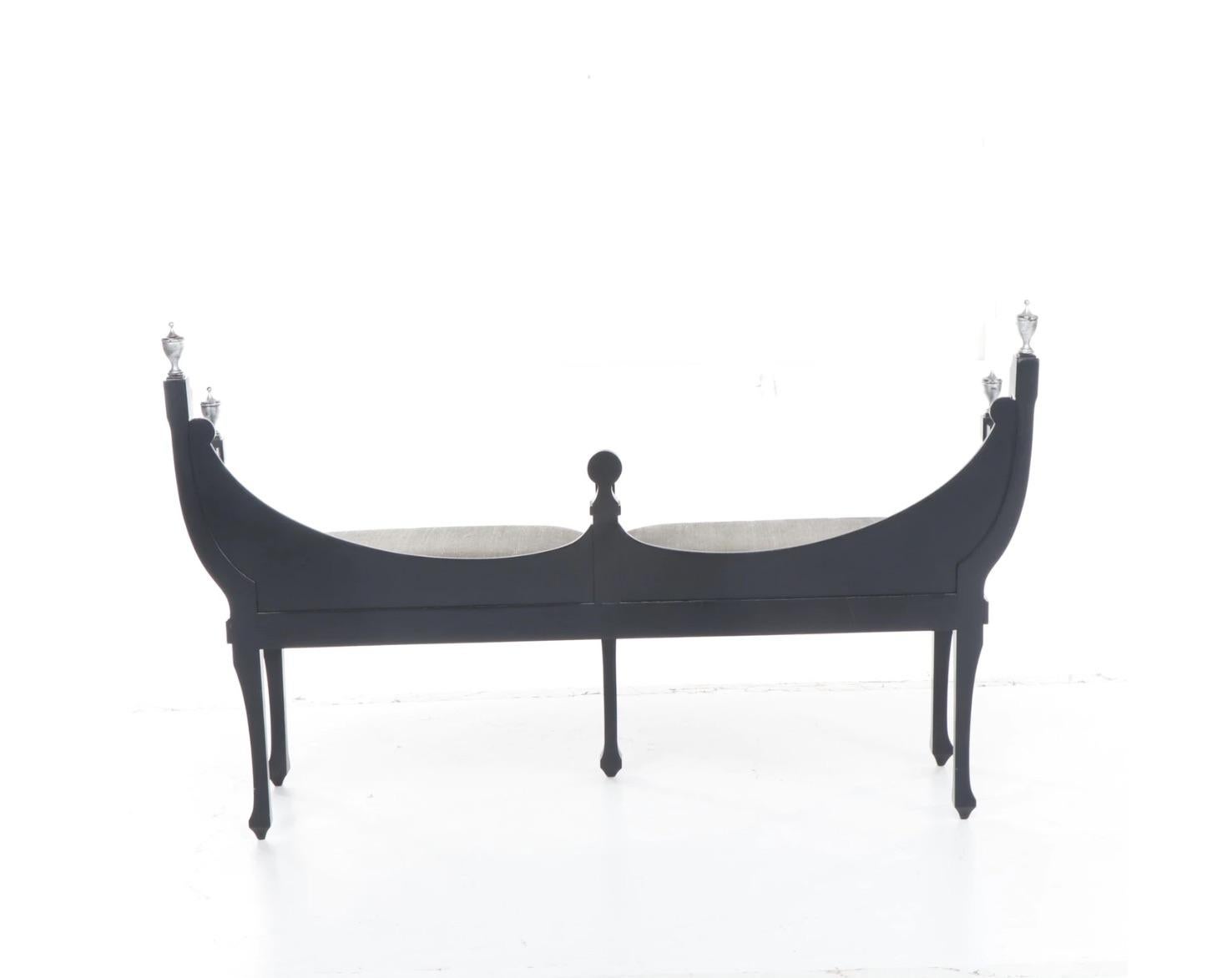 20th Century Elegant Neoclassical Blk.Wood Bench Silver Leaf Urn Finials, Silver Lame Upholst For Sale
