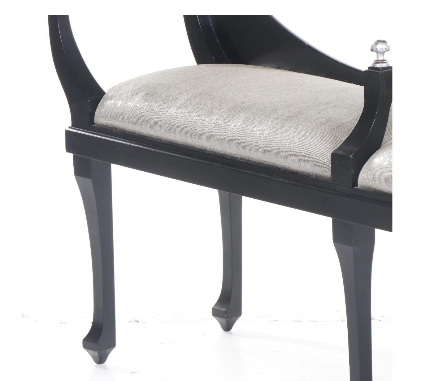 Elegant Neoclassical Blk.Wood Bench Silver Leaf Urn Finials, Silver Lame Upholst For Sale 2