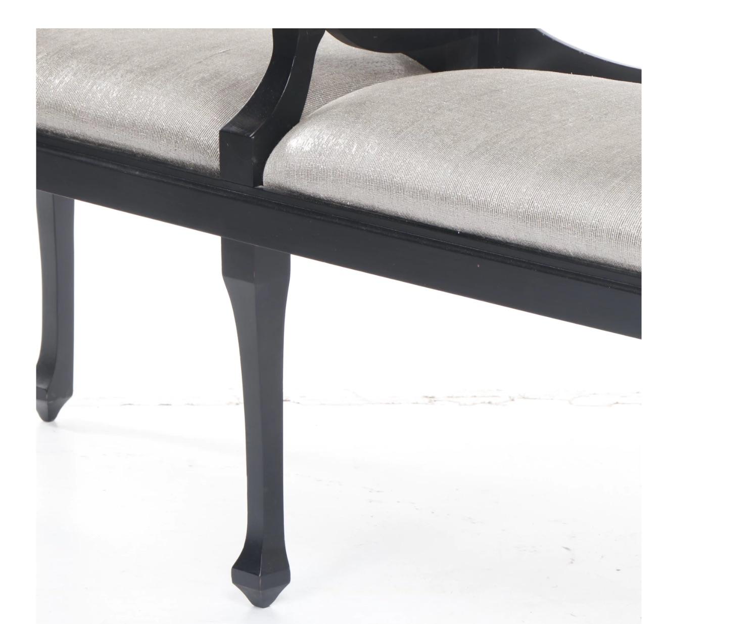 Elegant Neoclassical Blk.Wood Bench Silver Leaf Urn Finials, Silver Lame Upholst For Sale 3