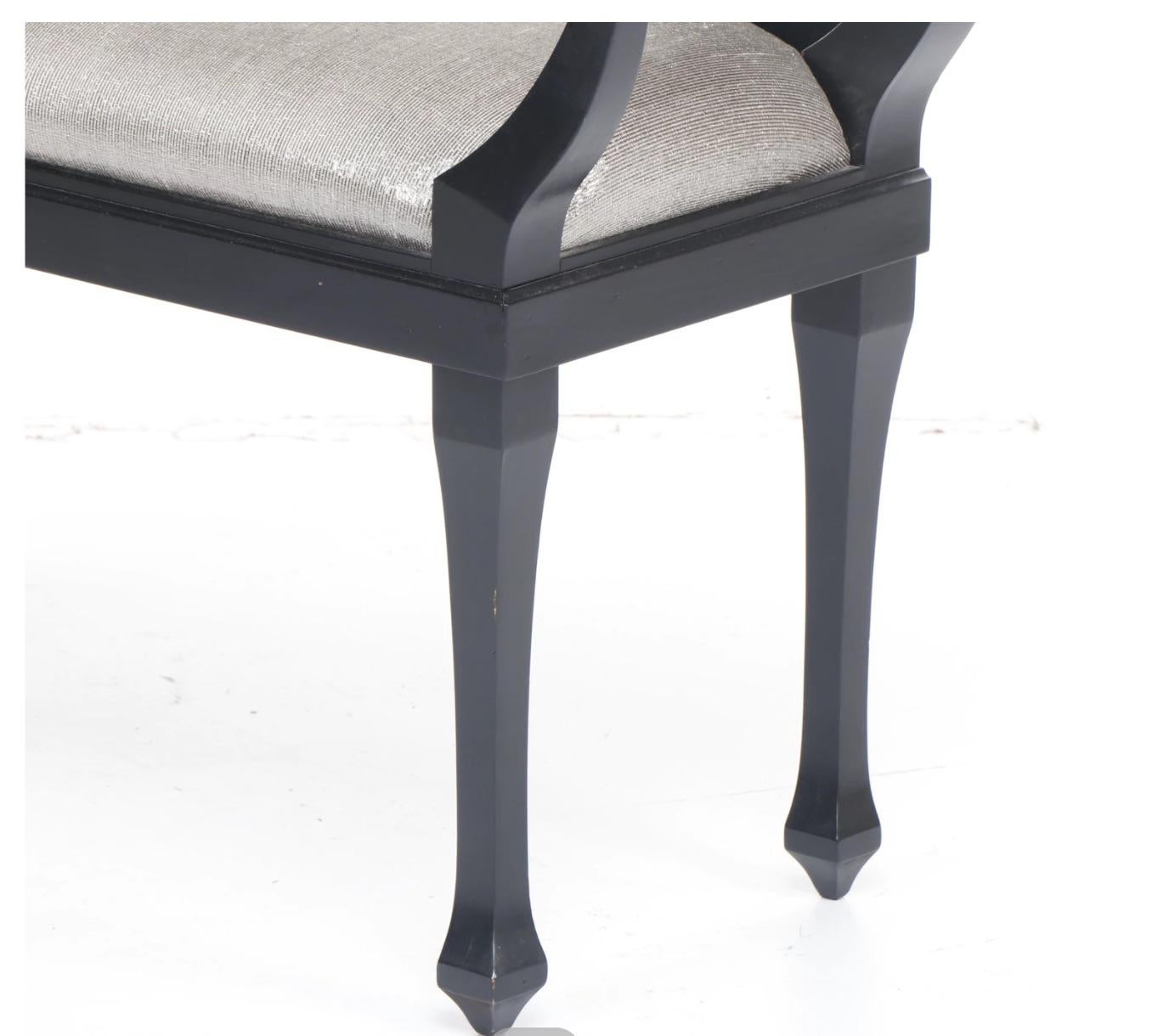 Elegant Neoclassical Blk.Wood Bench Silver Leaf Urn Finials, Silver Lame Upholst For Sale 4