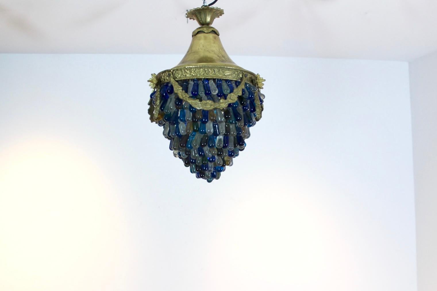 Brass Elegant Neoclassical Murano Glass Acorn Ceiling Light, 1950s