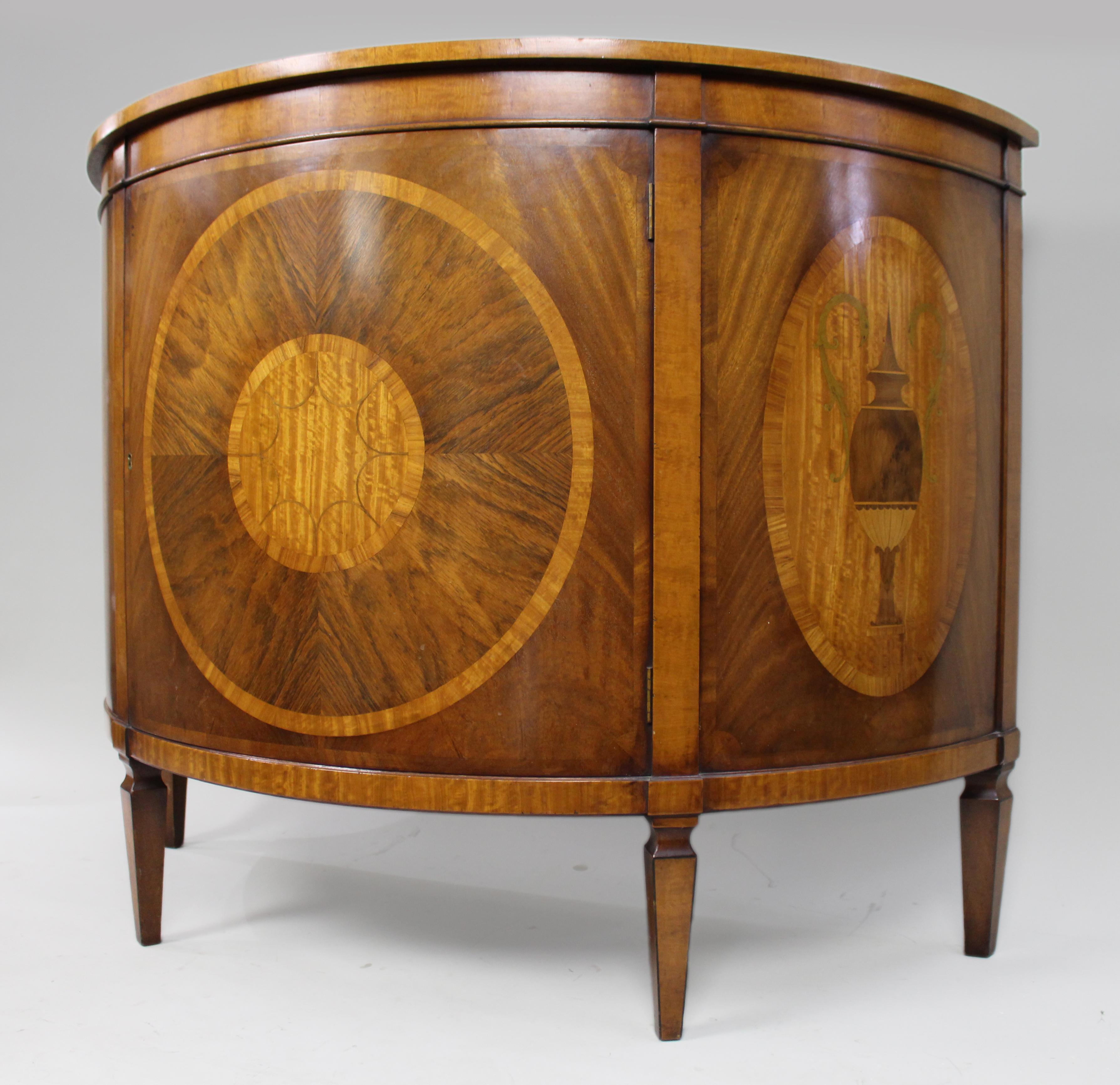Wood Elegant Neoclassical Style Inlaid Demilune Cabinet For Sale